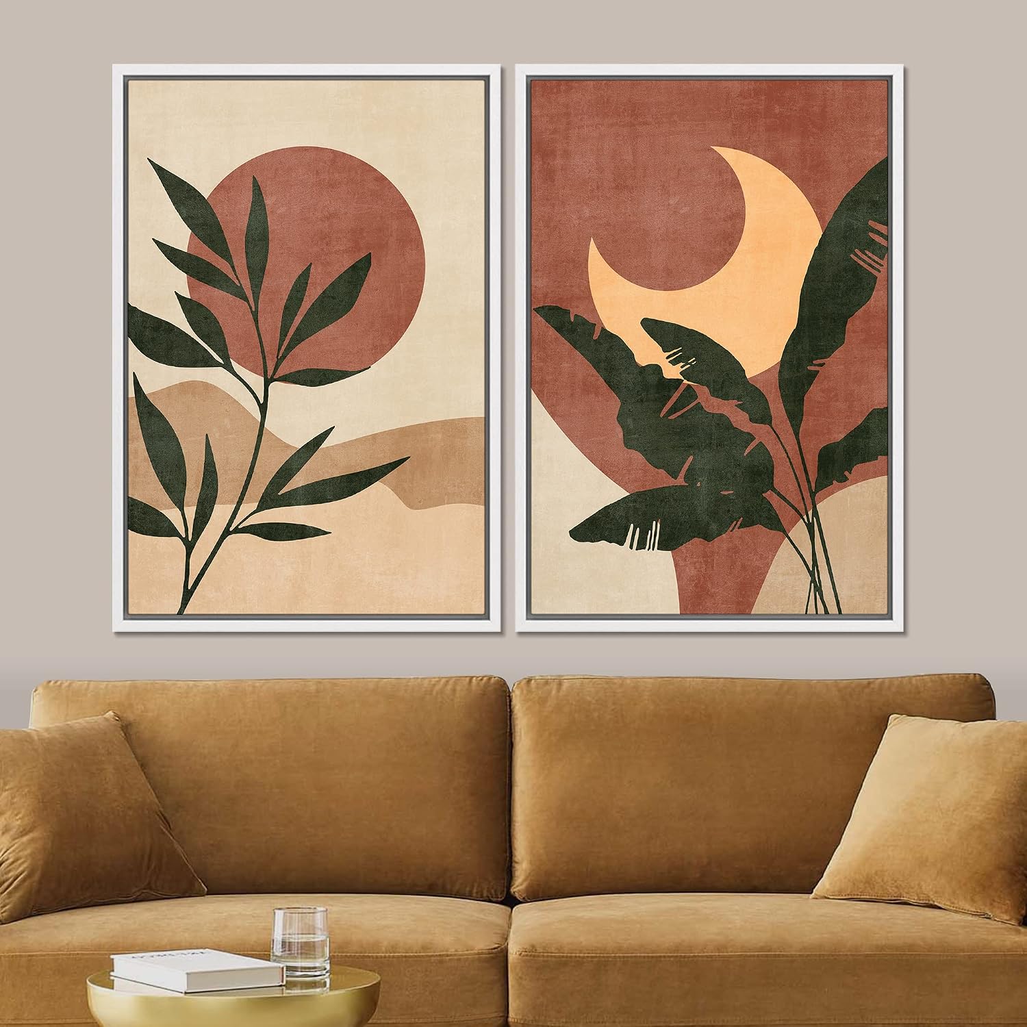 SIGNFORD Framed Canvas Print Wall Art Set Sun & Moon Mid-Century Desert Plants Abstract Shapes Illustration Modern Art Decorative Nordic Nature for Living Room, Bedroom, Office - 24'x36'x2 White