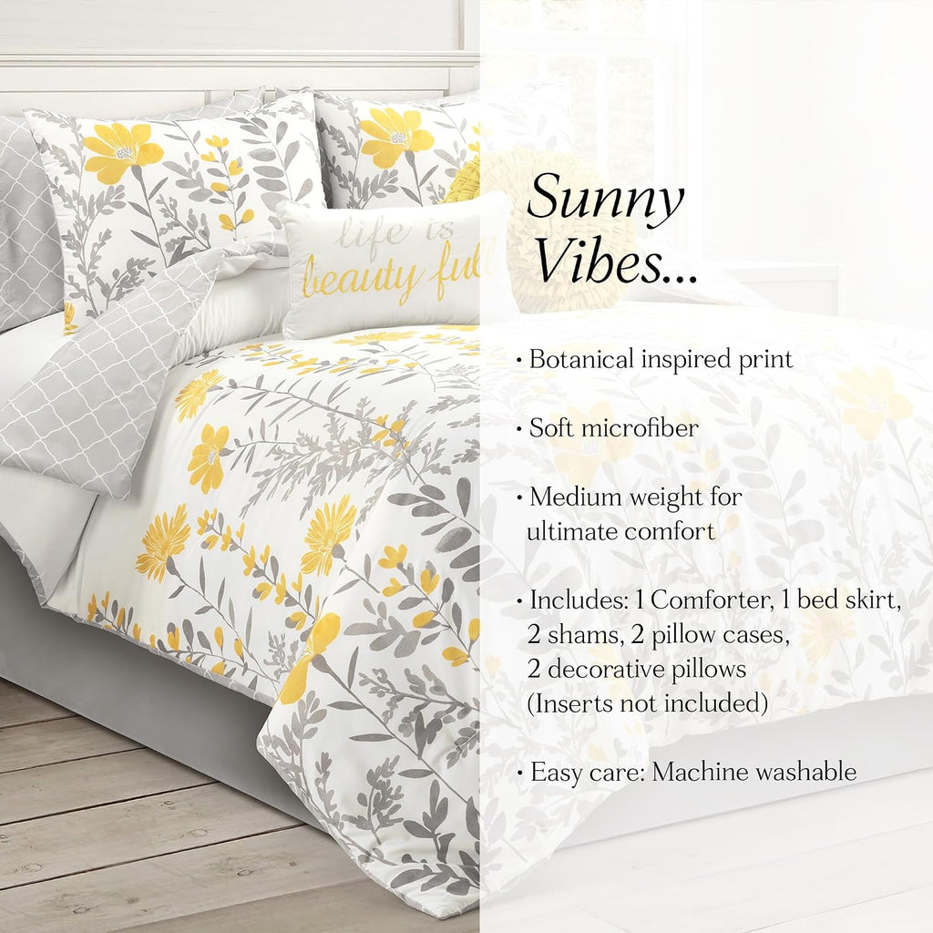 Lush Decor Aprile Soft Reversible Floral Comforter Set, 8 Piece Set, Queen, Yellow & Gray - Floral Bedding Set - Queen Sized Comforter Full - Yellow Bedding - Spring Home Decor - Cottage - Farmhouse