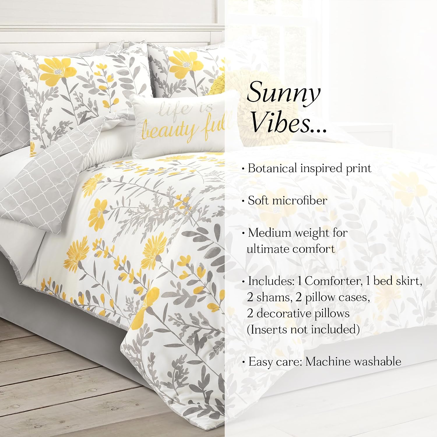 Lush Decor Aprile Soft Reversible Floral Comforter Set, 8 Piece Set, Queen, Yellow & Gray - Floral Bedding Set - Queen Sized Comforter Full - Yellow Bedding - Spring Home Decor - Cottage - Farmhouse