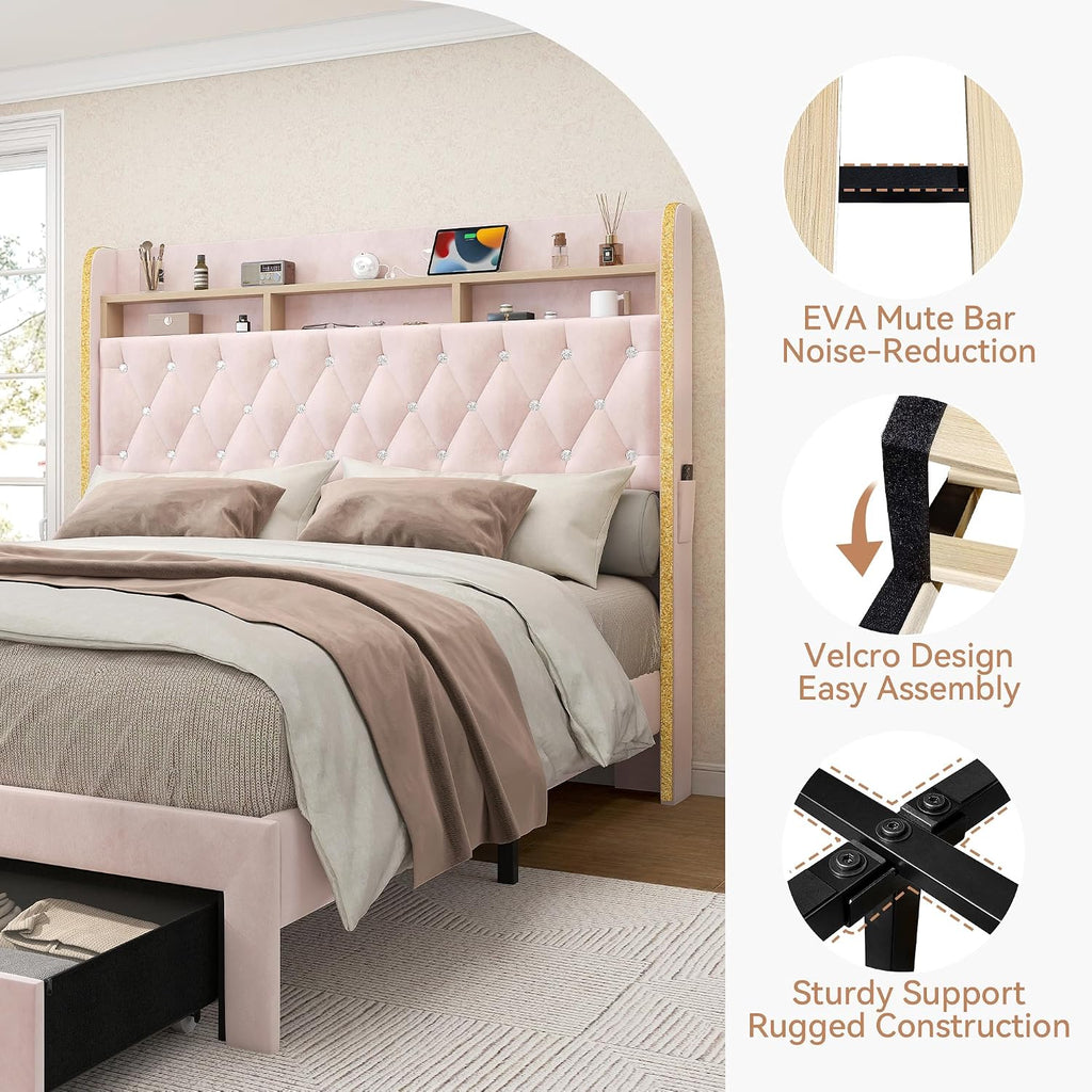 Torana Full LED Bed Frame with 2 Drawers, 53' Tall Platform Beds with Galaxy Star Projector Charging Station, Velvet Upholstered Diamond Tufted Aurora Bedframe with Storage Headboard, Pink