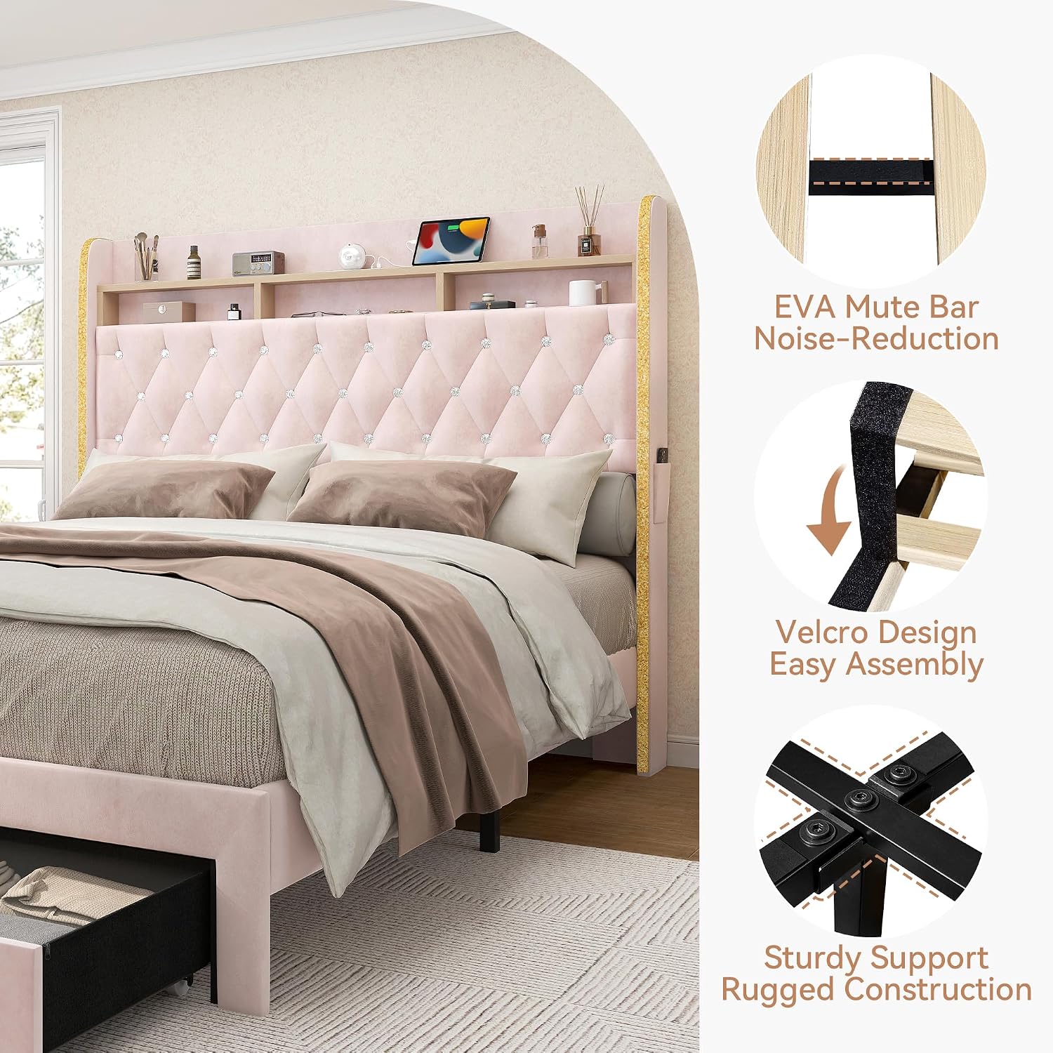 Torana Full LED Bed Frame with 2 Drawers, 53' Tall Platform Beds with Galaxy Star Projector Charging Station, Velvet Upholstered Diamond Tufted Aurora Bedframe with Storage Headboard, Pink