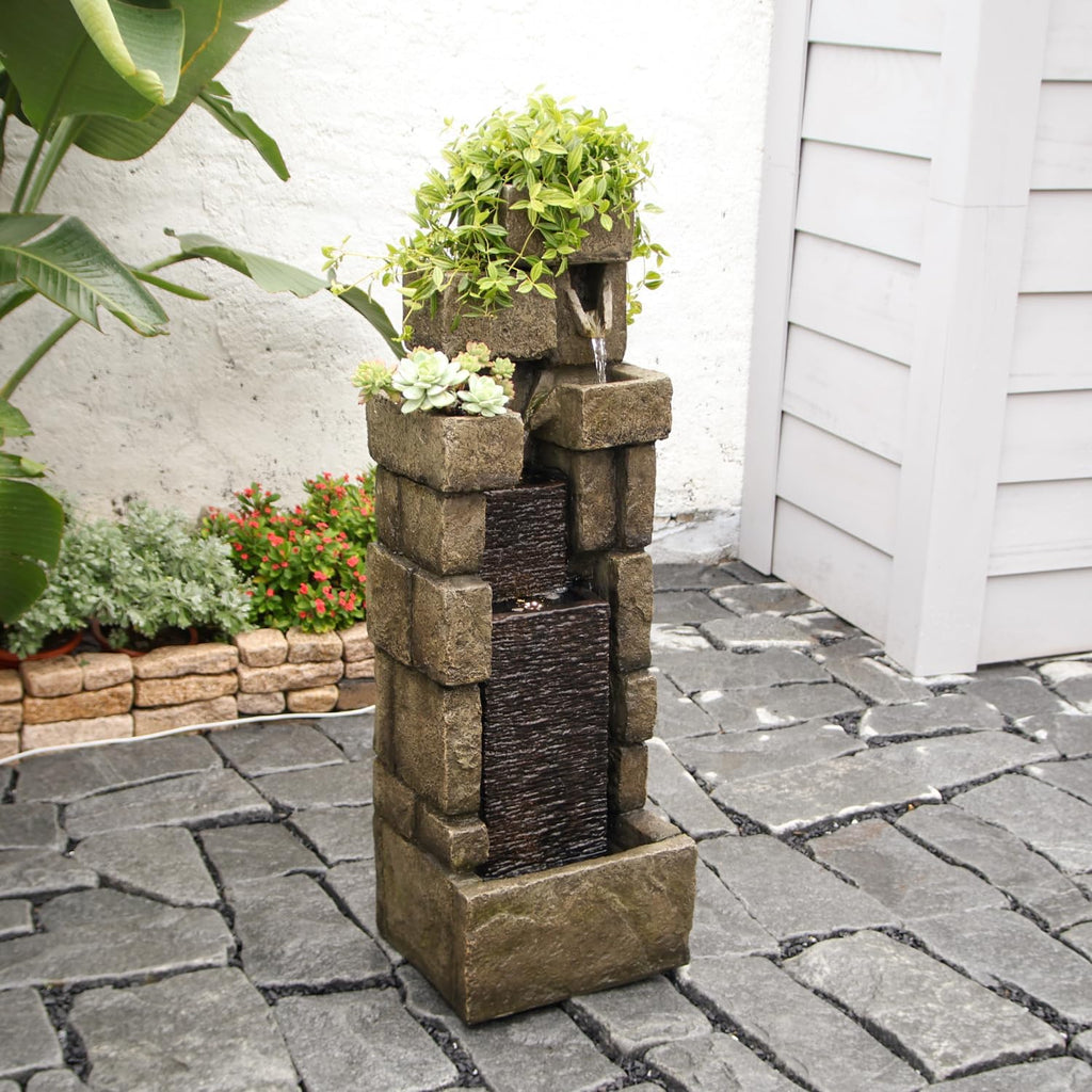 YZM 42.72' H Modern Stacking Bricks Water Fountain Outdoor Cascading Waterfall Fountains with Led Lights for Gardens Landscaping Patios Balconies and Lawns Decor for Outside