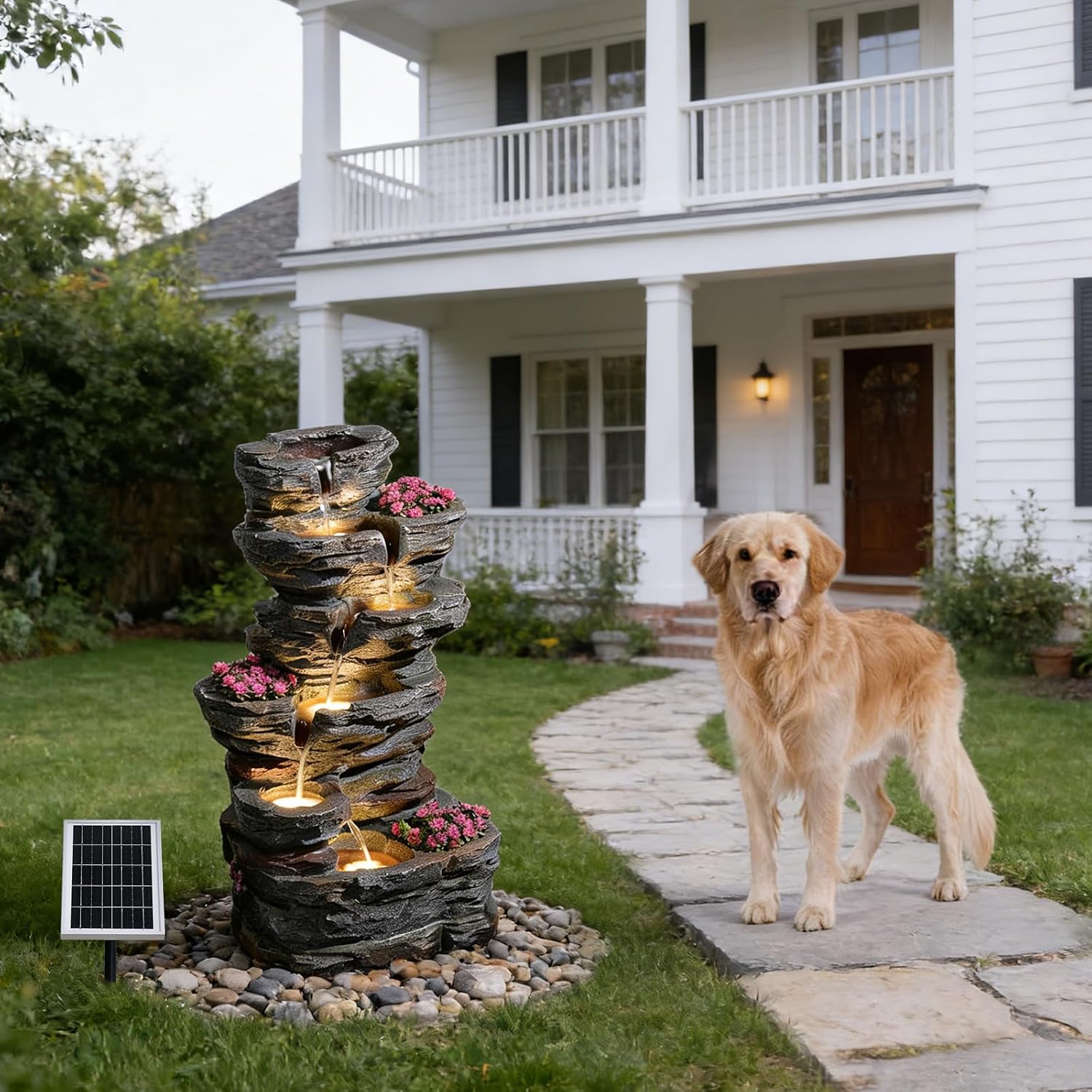 6-Tier Rock Solar Outdoor Water Fountain, 32.7' H Cascading Solar Powered Garden Waterfall Fountains with LED Lights for Patio, Balconies, Lawns, Deck, Porch, Backyard and Home Art Decor