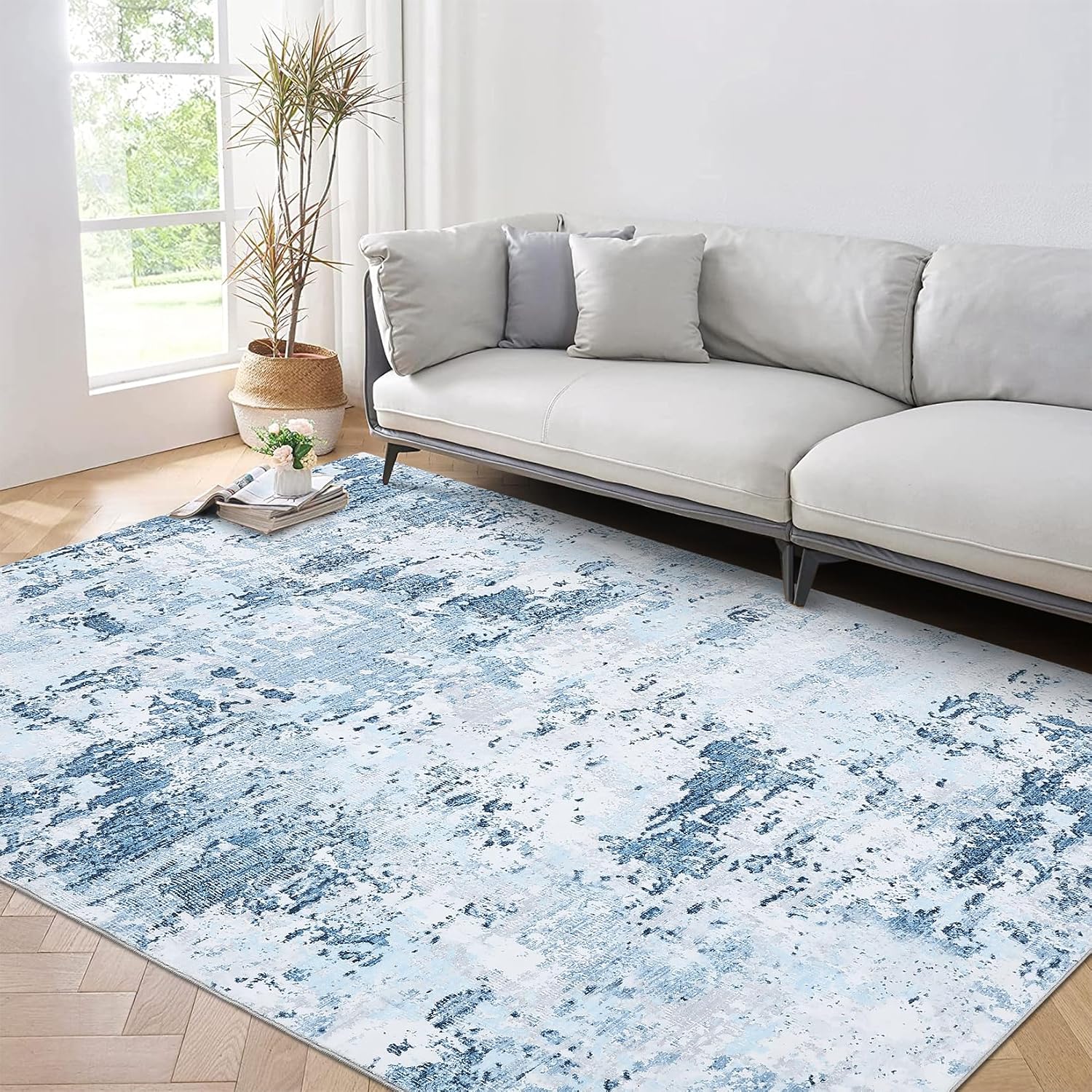 ROYHOME 9x12 Modern Abstract Accent Rug for Living Room Stain Resistant Non Slip Low Pile Accent Bedroom Rug Indoor Floor Cover for Office Home Decor, Blue