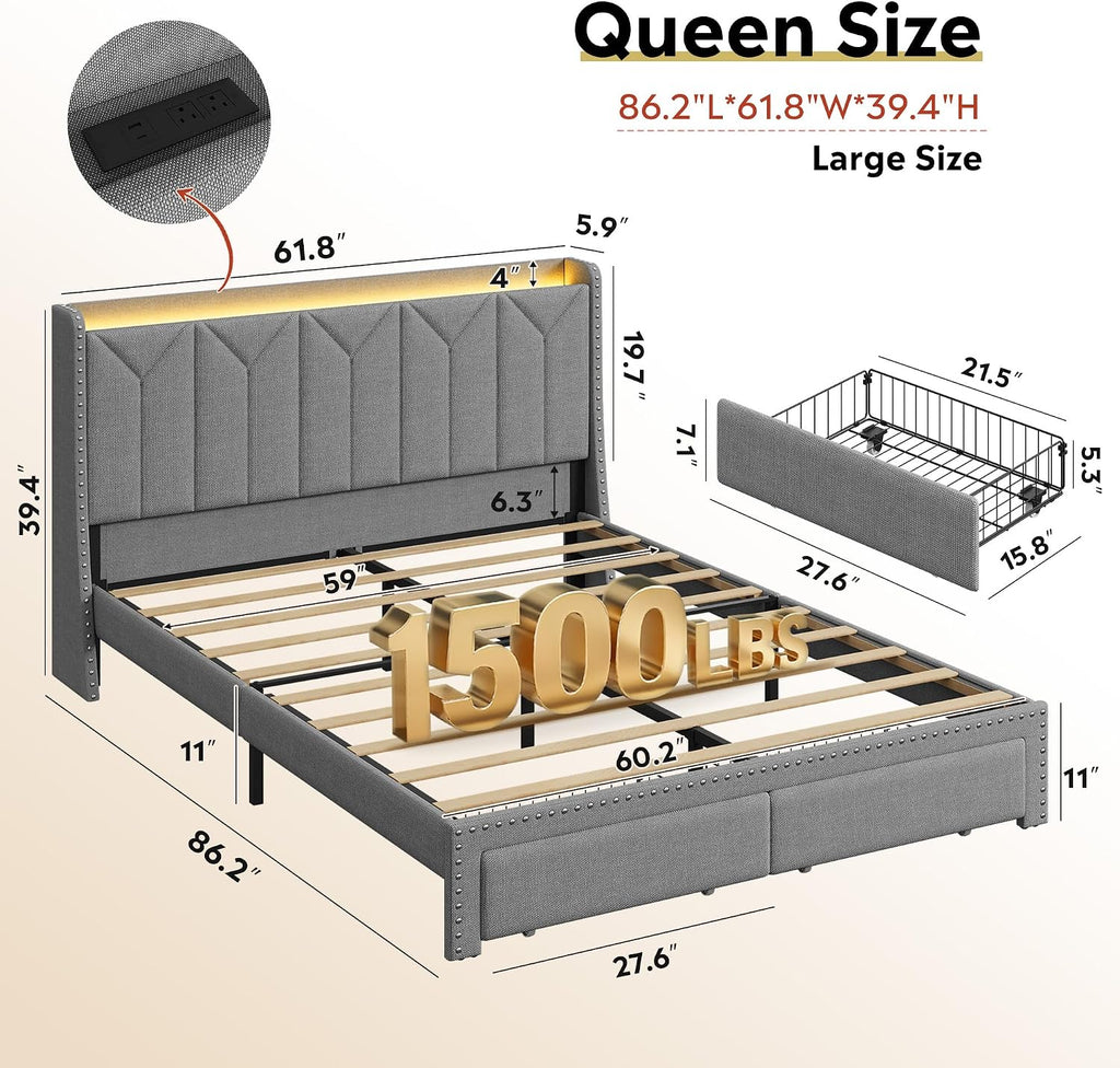 WLIVE Queen Size Upholstered Bed Frame with 2 Drawers, Storage Headboard Platform Bed with Charging Station and LED Light, Sturdy Metal & Wooden Slats Support, No Box Spring Needed, Light Grey