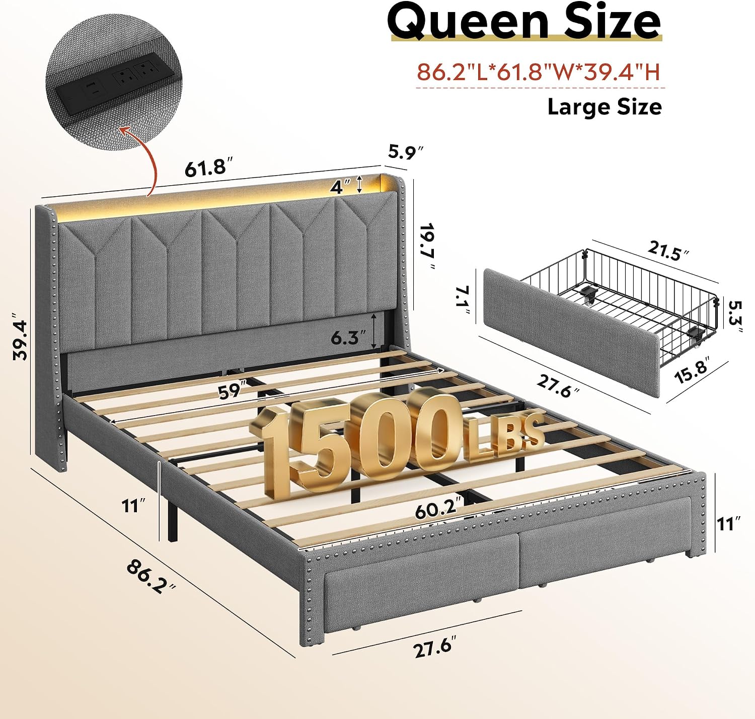 WLIVE Queen Size Upholstered Bed Frame with 2 Drawers, Storage Headboard Platform Bed with Charging Station and LED Light, Sturdy Metal & Wooden Slats Support, No Box Spring Needed, Light Grey