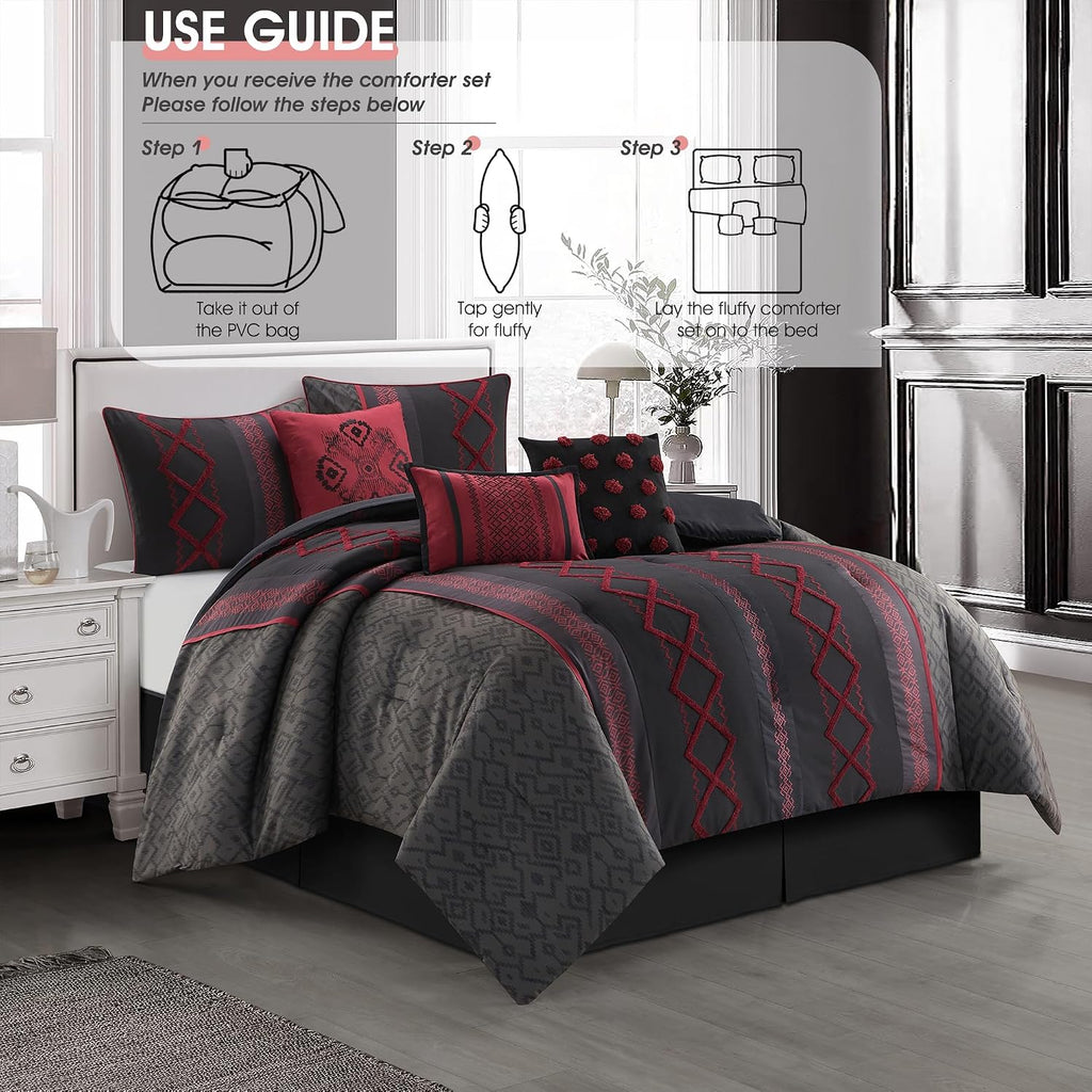 LANCO MODERN LIFESTYLE Black Red Queen Comforter Set, 7 Pieces All Season Bedding Sets in a Bag with Geometric Terry Embroidered Comforter, Bed Skirt, Pillow Shams and Decorative Pillows