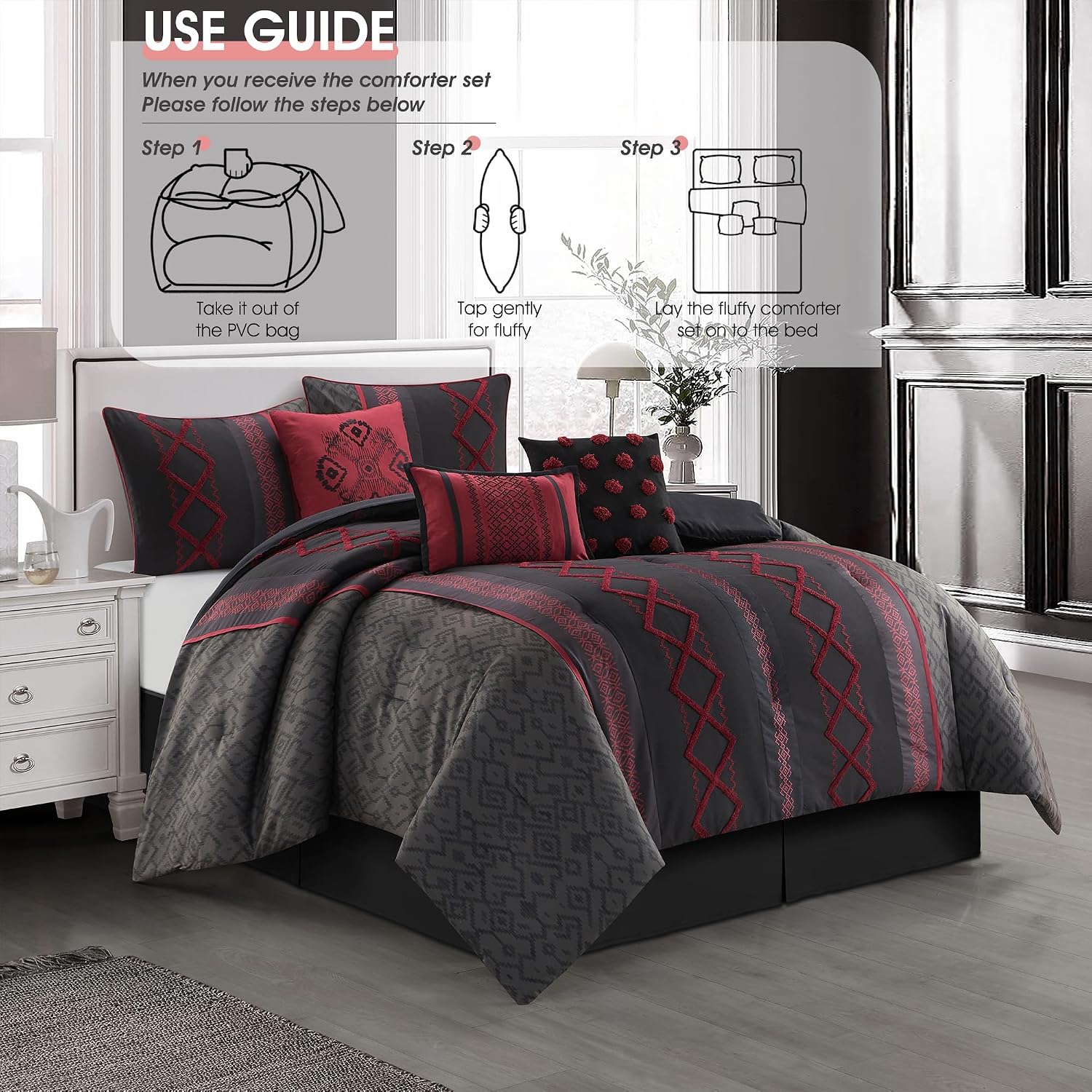 LANCO MODERN LIFESTYLE Black Red Queen Comforter Set, 7 Pieces All Season Bedding Sets in a Bag with Geometric Terry Embroidered Comforter, Bed Skirt, Pillow Shams and Decorative Pillows