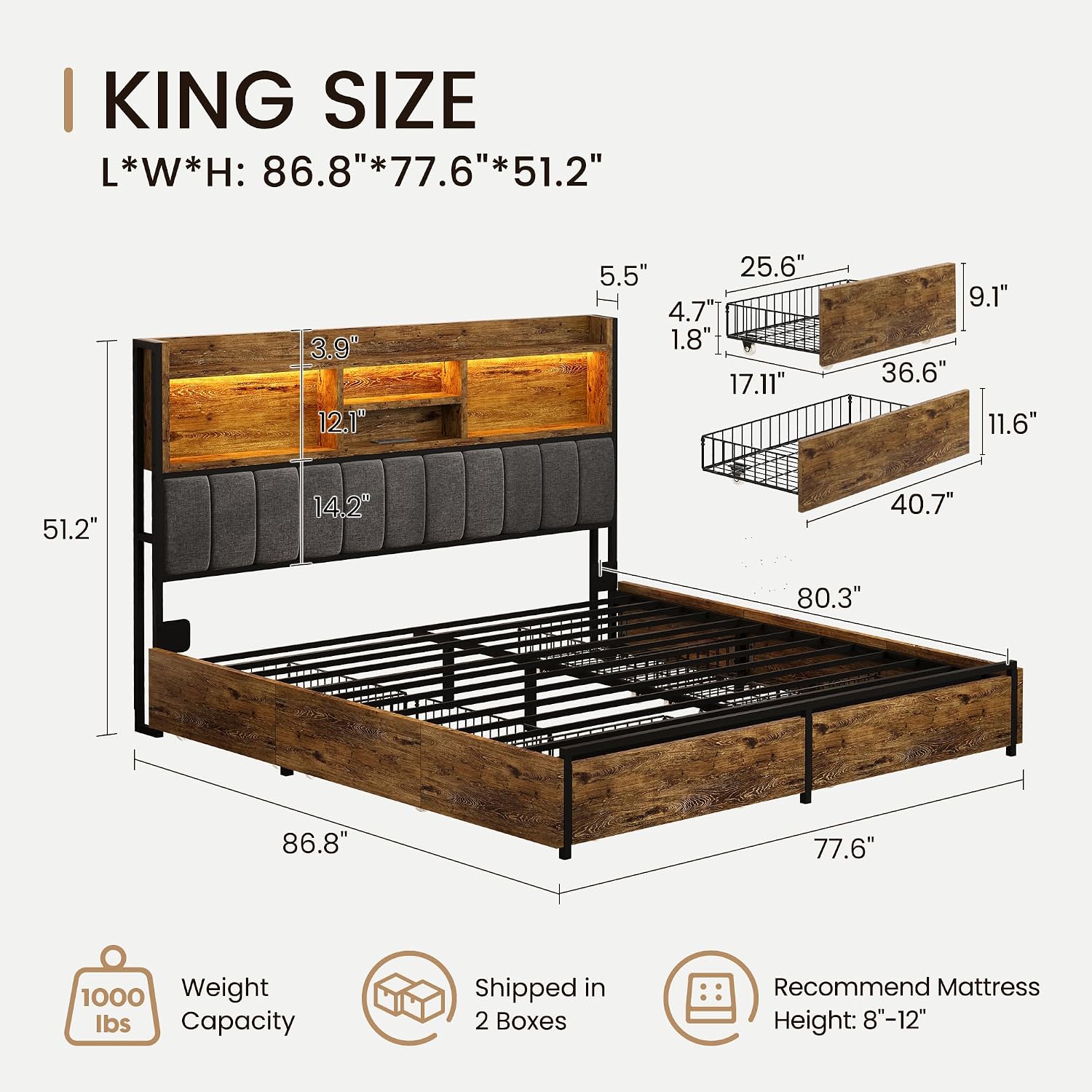 BRELTAM King Bed Frame with 6 Storage Drawers, Linen Upholstered Headboard, Built-in USB Charging Station & LED Lighting, Silent Metal Support, No Box Spring Needed, Vintage Brown