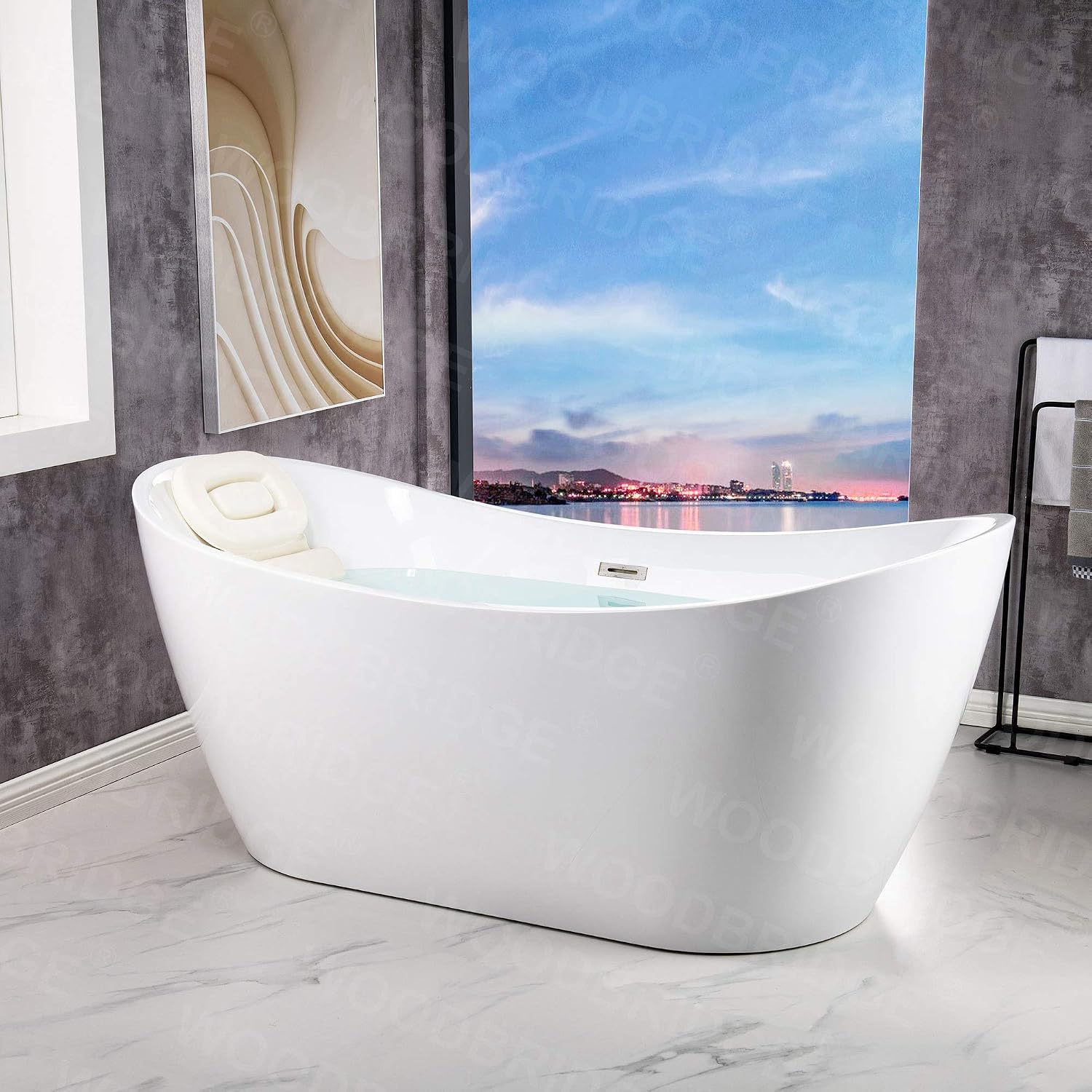 WOODBRIDGE 67 ' Freestanding White Acylic Soaking Bathtub with Brushed Nickel Drain and Overflow,BTA1515 -BN-Drain &O