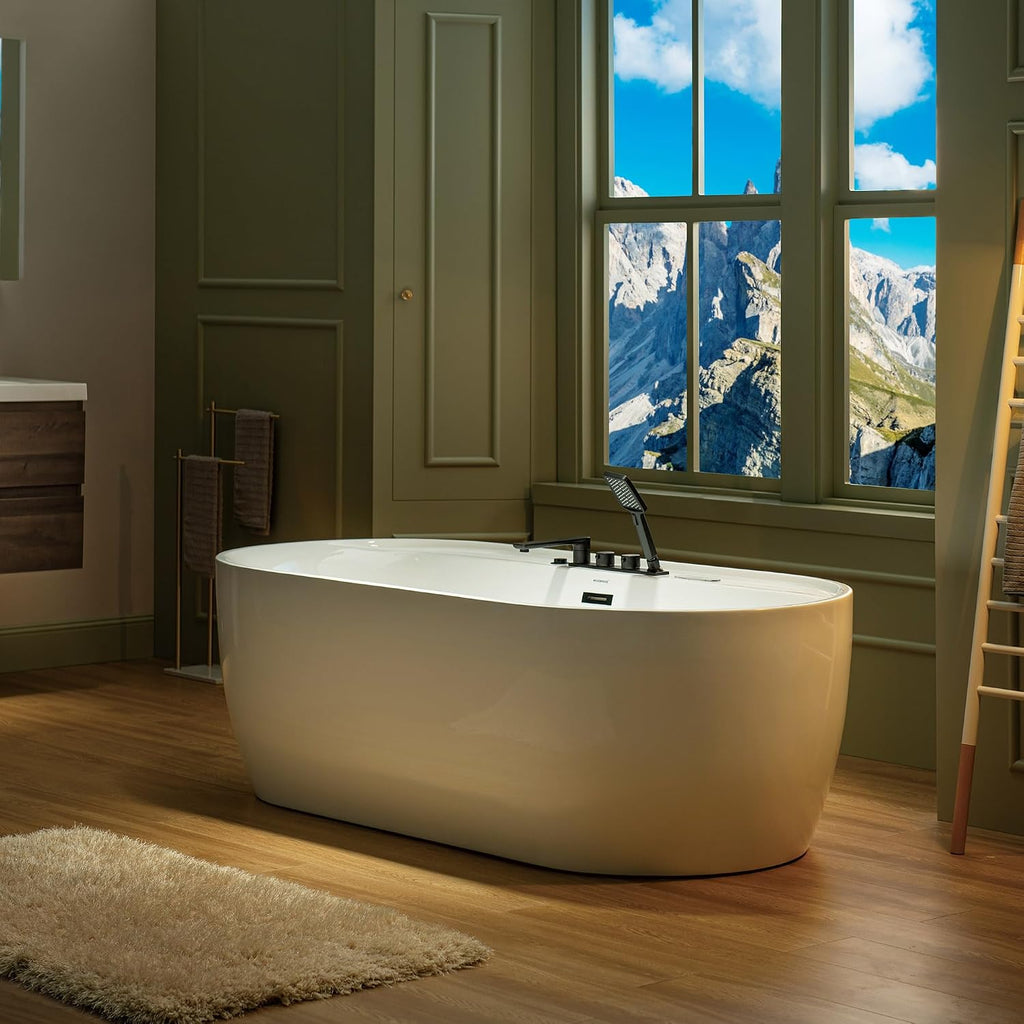 WOODBRIDGE 72' x 35-3/8' Whirlpool and Air Bath Heated Soaking Combination Tub with Adjustable Speed Air Blower, Tub Filler, and LED control panel, Matte Black Finish Trim and Drain Kit, BM500+F0051MB