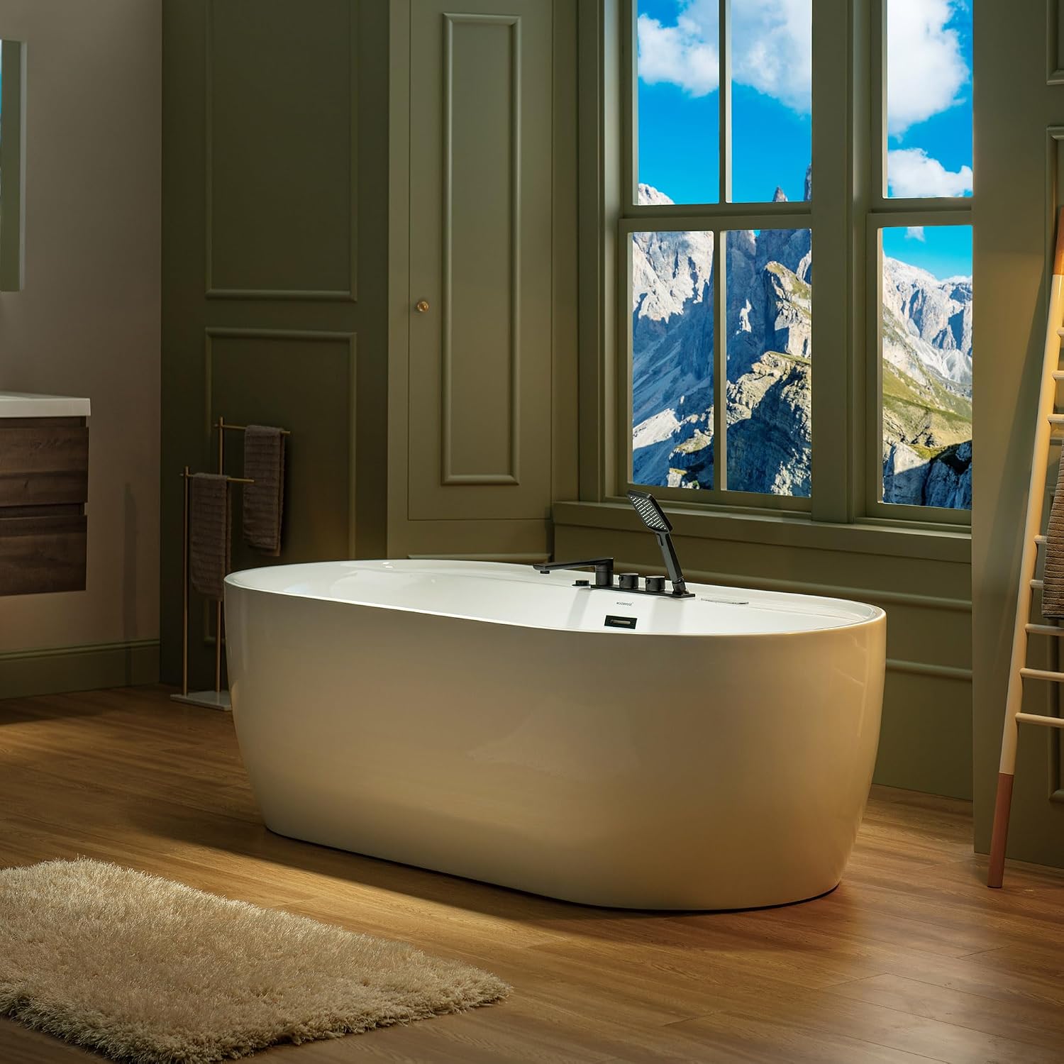 WOODBRIDGE 72' x 35-3/8' Whirlpool and Air Bath Heated Soaking Combination Tub with Adjustable Speed Air Blower, Tub Filler, and LED control panel, Matte Black Finish Trim and Drain Kit, BM500+F0051MB