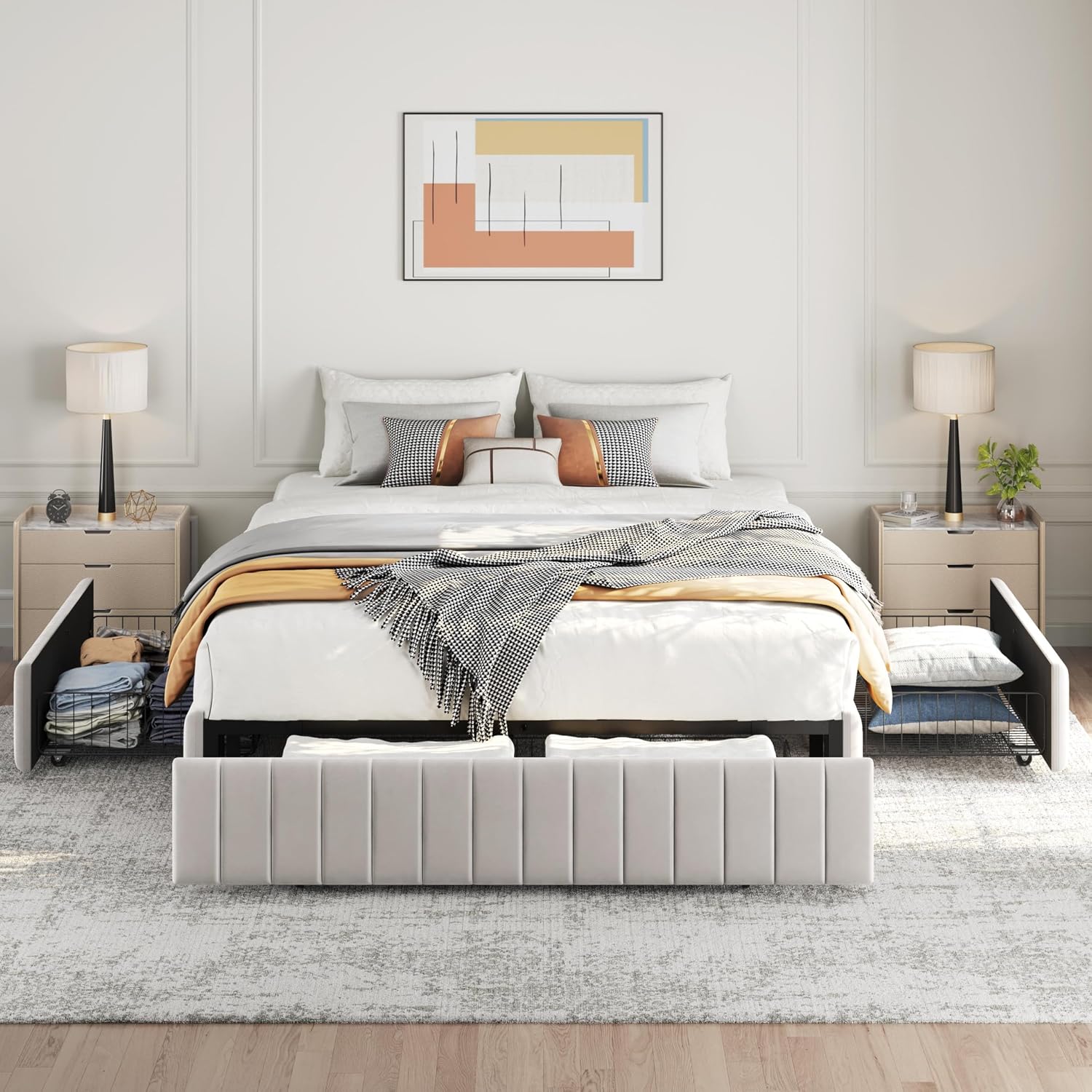 Yaheetech Full Bed Frame Upholstered Platform Bed with 3 Storage Drawers, Large Storage Space/Strong Wooden Slats/Non-Slip and Noise-Free/No Fixed Headboard/No Box Spring Needed/Beige Full Bed