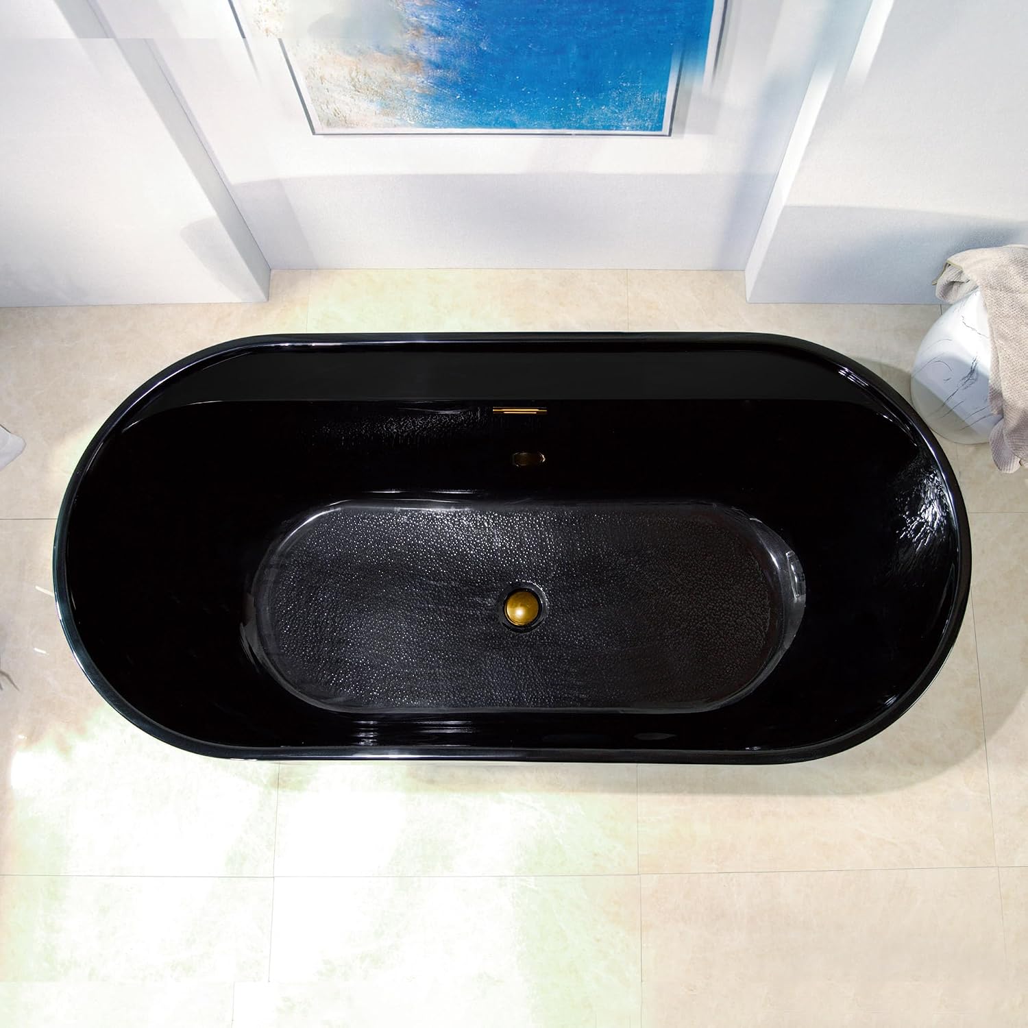 WOODBRIDGE 67' L x 31-1/2' W Freestanding Contemporary Acrylic Soaking Bathtub in Glossy Black Inside and Outside with Brushed Gold Drain & Overflow,B8863-BG