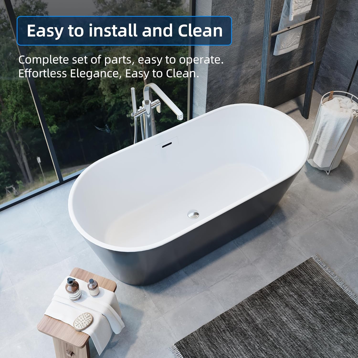 67'' Acrylic Freestanding Bathtub, Extra-Deep Soaking Free Standing Tub for Luxurious Bathing Experience, with Chrome Drain, for Main Bathroom, Black & White
