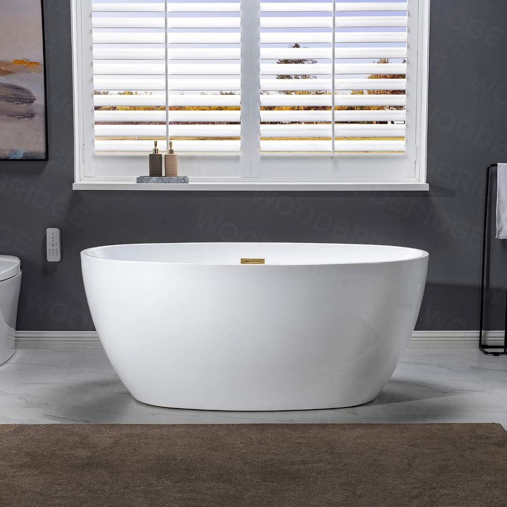 WOODBRIDGE 55' Acrylic Freestanding Bathtub Contemporary Soaking White Tub with Brushed Gold Overflow and Drain,B1418-BG