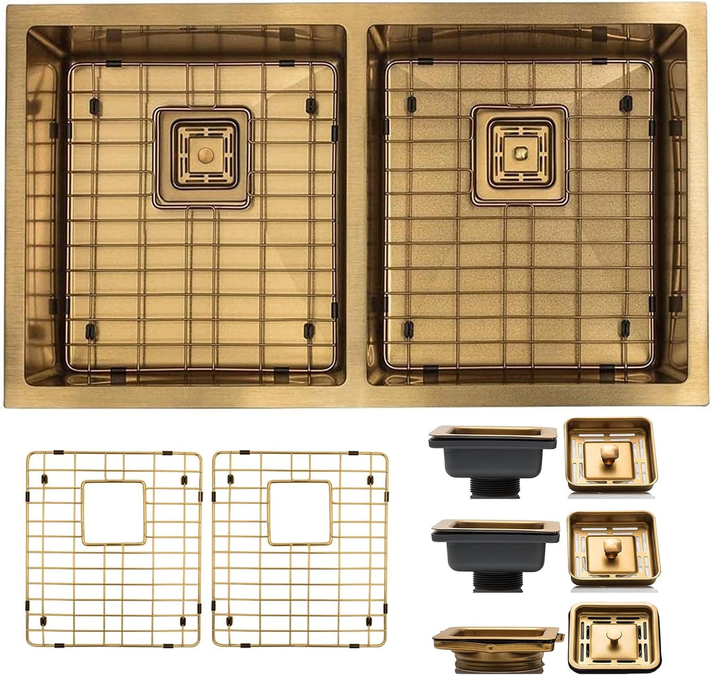 Strictly Sinks 32 Inch Undermount Double Bowl Kitchen Sink – Gold Kitchen Sink Designer Shelf Accessory 16 Gauge Stainless Steel – With Bottom Grid, 1 Disposal Adapter and 2 Strainer Drains