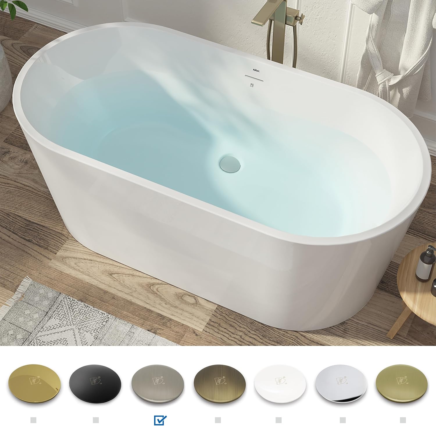FerdY Shangri-La 59' Acrylic Freestanding Bathtub, Gracefully Shaped Soaking Bathtub, Glossy White, cUPC Certified, Brushed Nickel Drain & Minimalist Linear Design Overflow Included, 02522