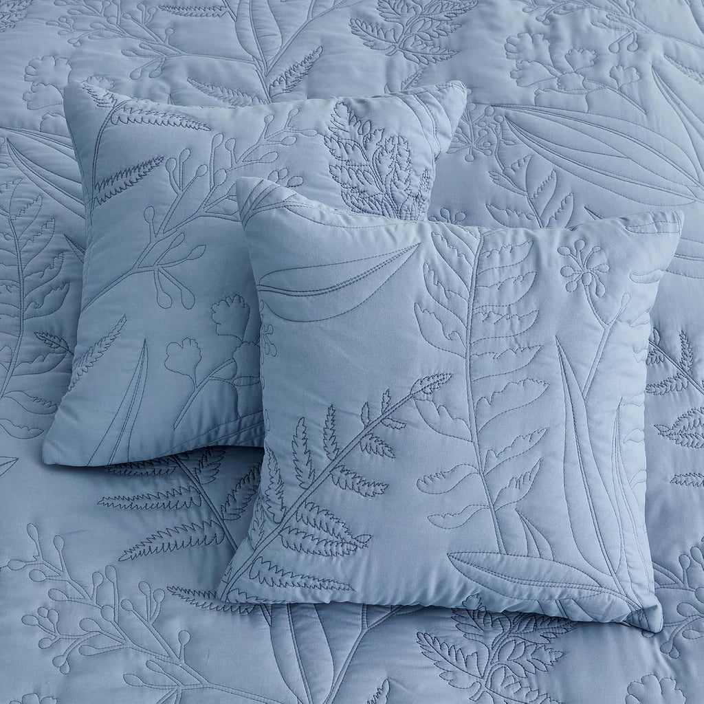 DaisyHuang Botanical Bedspread Full Size - Leaves Pattern Stitching Quilt Set - Elegant & Fresh Style Bedding Coverlets, Reversible, Lightweight, 5 Piece, Ashley Blue