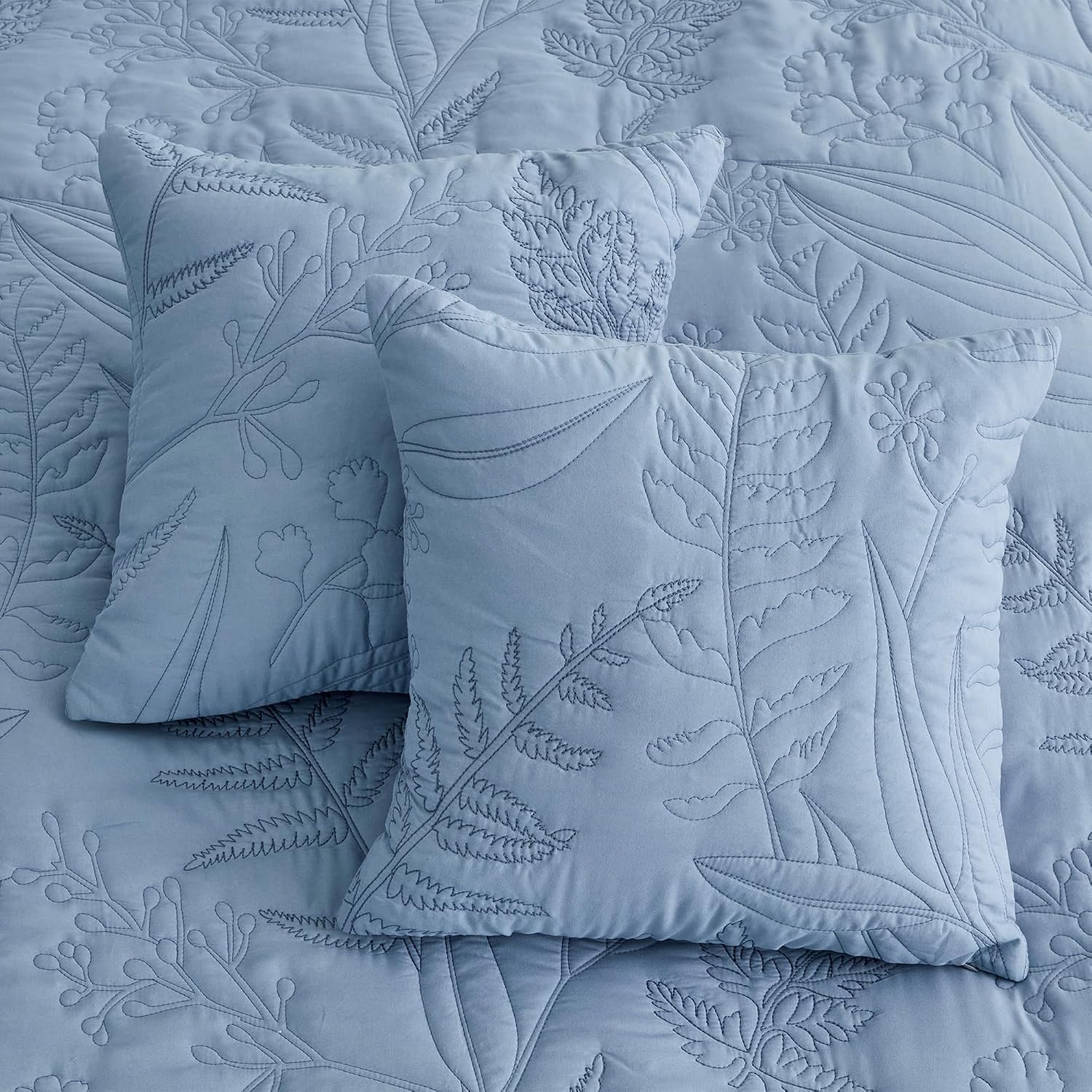 DaisyHuang Botanical Bedspread Full Size - Leaves Pattern Stitching Quilt Set - Elegant & Fresh Style Bedding Coverlets, Reversible, Lightweight, 5 Piece, Ashley Blue