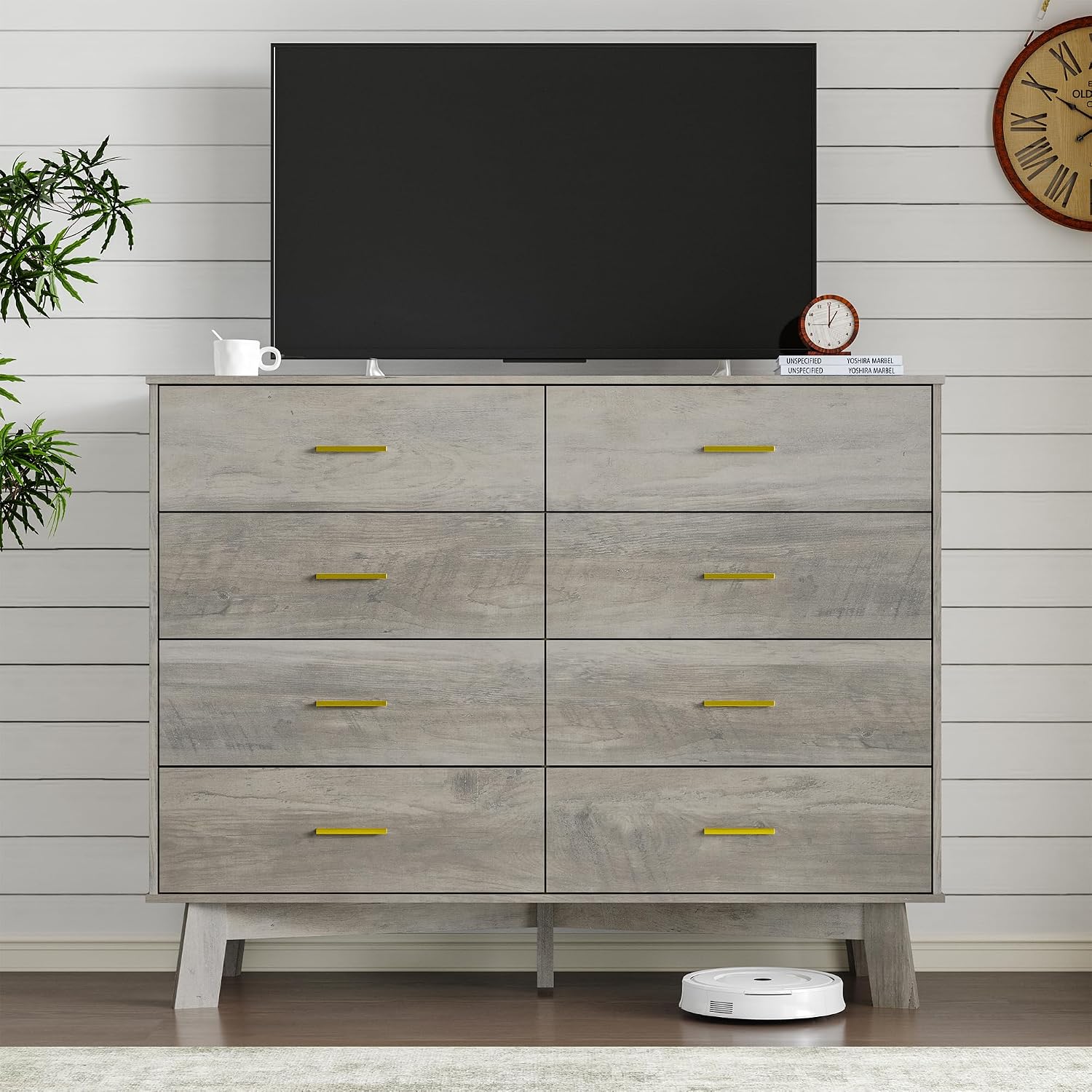 BORNOON Dresser for Bedroom with 8-Drawer, 37' Tall Modern Chest of Drawers with Metal Handles, X-Shape Base & Adjustable Center Leg, Anti-Tip Closet Organizers and Storage