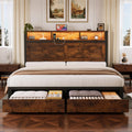Incyneva Farmhouse Queen Bed Frame with Bookcase Storage Headboard, Charging Station, LED Light and 2 Storage Drawers, Noise Free, No Box Spring Needed, Brown