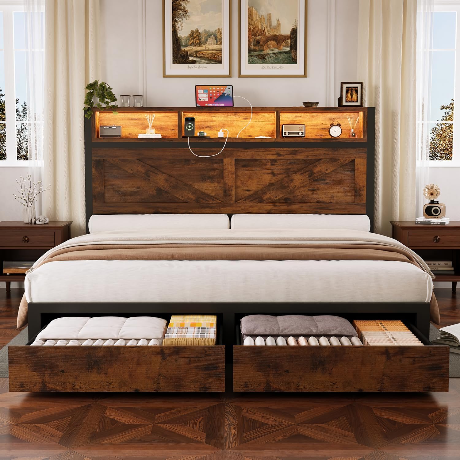 Incyneva Farmhouse Full Bed Frame with Bookcase Storage Headboard, Charging Station, LED Light and 2 Storage Drawers, Noise Free, No Box Spring Needed, Brown