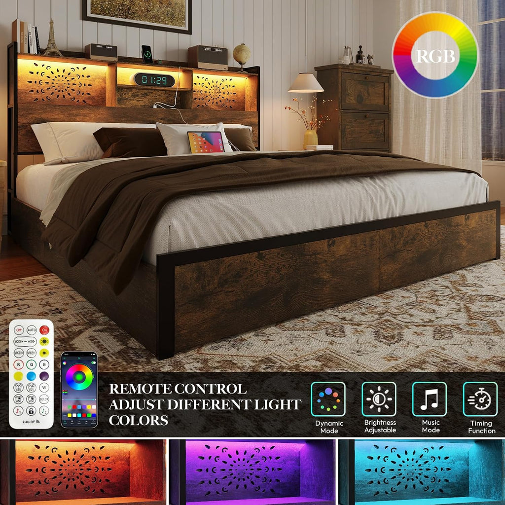 Belffin King Bed Frame with 6 Storage Drawers and Carving Headboard, Wooden Bed Frame with Charging Station and LED Lights, No Noise and Easy Assembly, No Box Spring Needed, Vintage Brown
