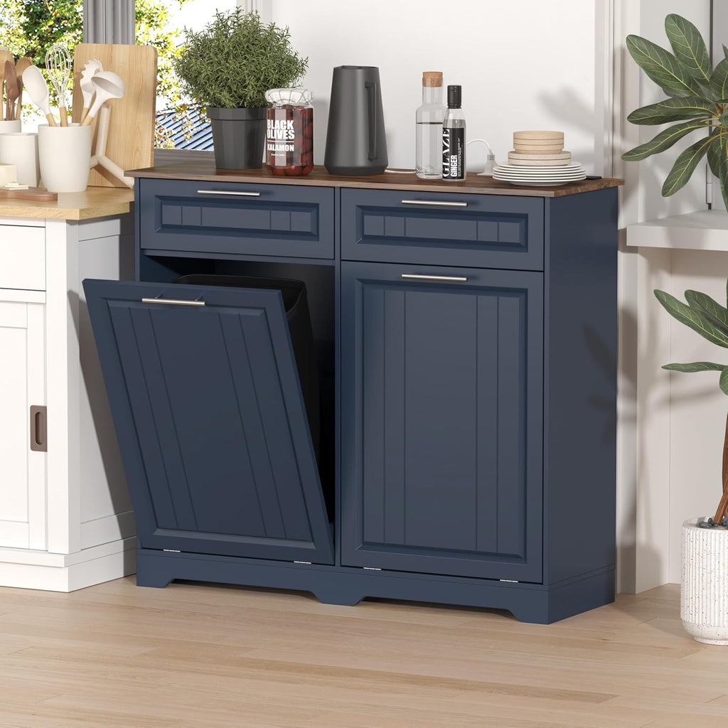 Double 10 Gallon Tilt Out Trash Can Cabinet with Deodorizing Function and Power Outlet, Wooden Hidden Garbage Can Holder with 2 Storage Drawers for Kitchen, Laundry Hamper Cabinet for Bathroom, Blue