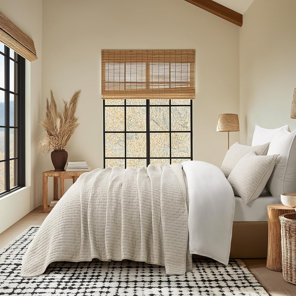 EVERGRACE Cross Stitch Pre-Washed Cotton Quilt Bedding Set Queen Size, Oversized 3 Pieces Lightweight Bedspread Coverlet for All Season, with 2 Matching Shams, Flax Beige, 92'x96'