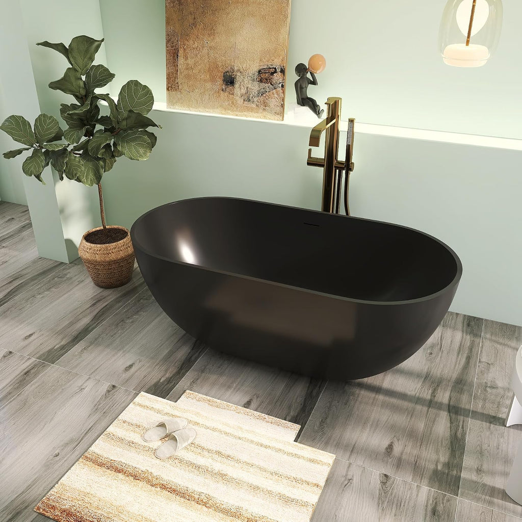 59' Premium Matte Black Solid Surface Freestanding Bathtub, Modern Design Stone Resin Bath Tub with Overflow and Pop-up Drain