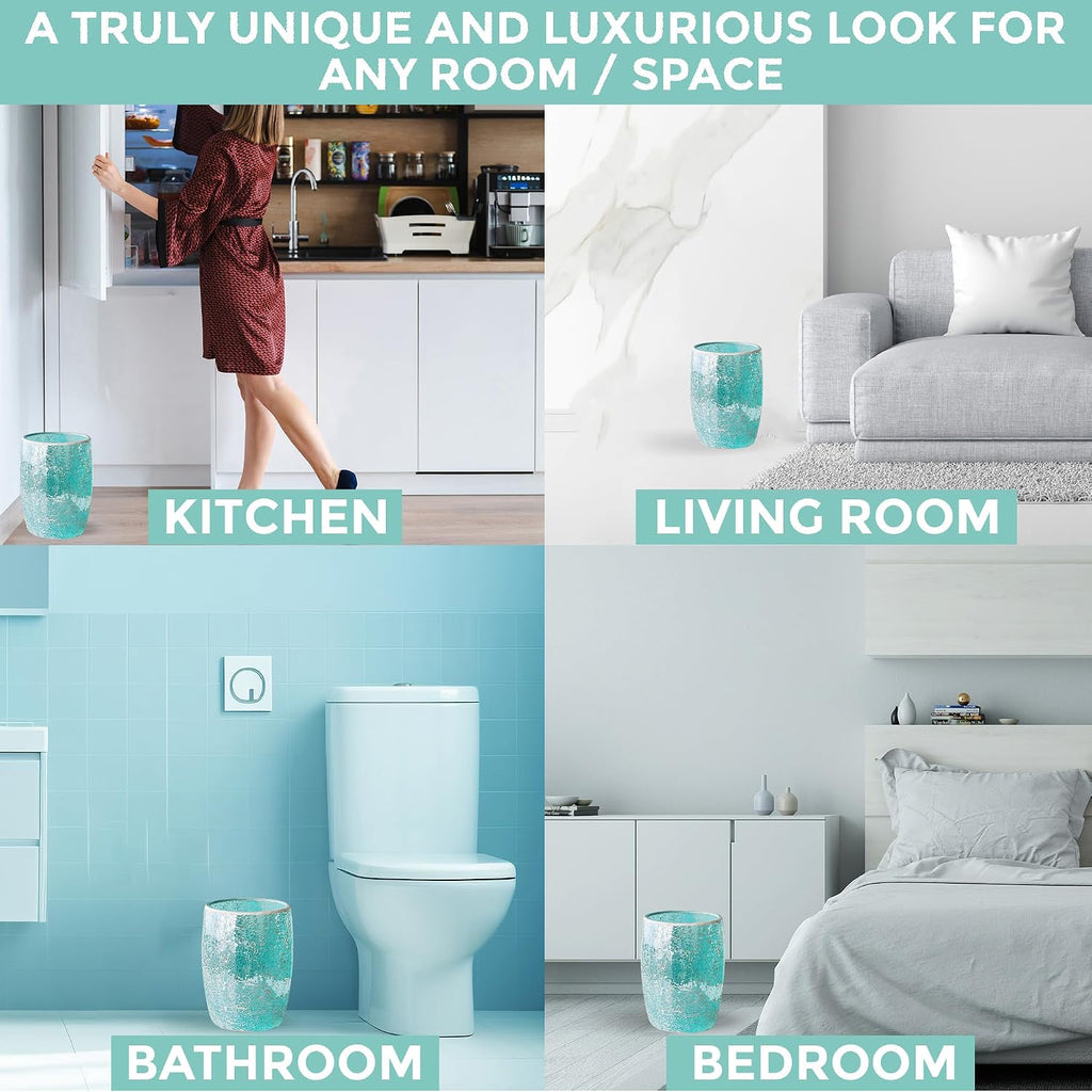 Modern Green Bathroom Accessories Sets 6 Pcs | Luxurious Toilet Brush, Small Trash Can, Glass Soap Dispenser, Toothbrush Holder, Cotton Glass Jar, Vanity Tray | Turquoise Bathroom Decor Mosaic Glass