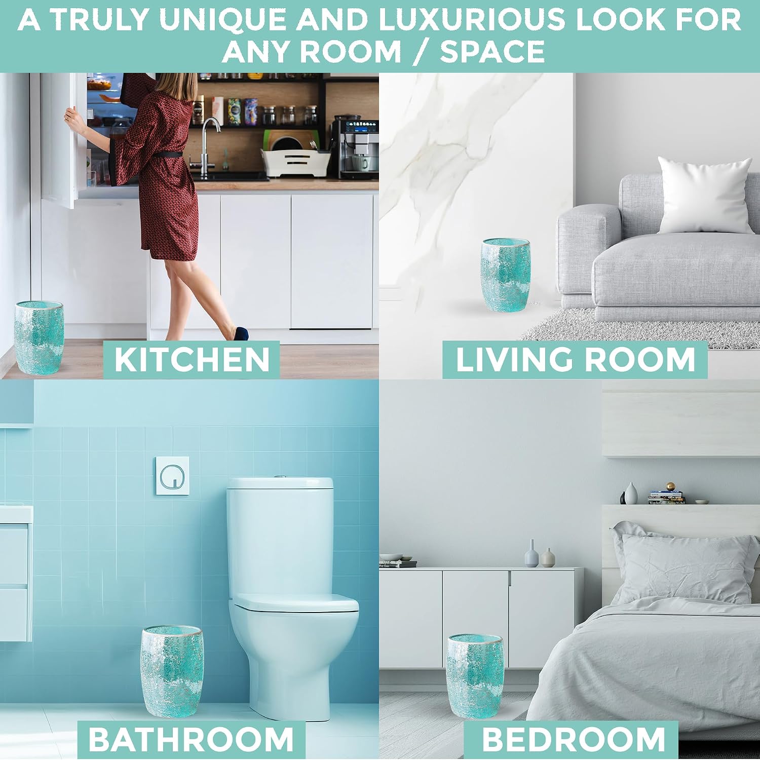 Modern Green Bathroom Accessories Sets 6 Pcs | Luxurious Toilet Brush, Small Trash Can, Glass Soap Dispenser, Toothbrush Holder, Cotton Glass Jar, Vanity Tray | Turquoise Bathroom Decor Mosaic Glass