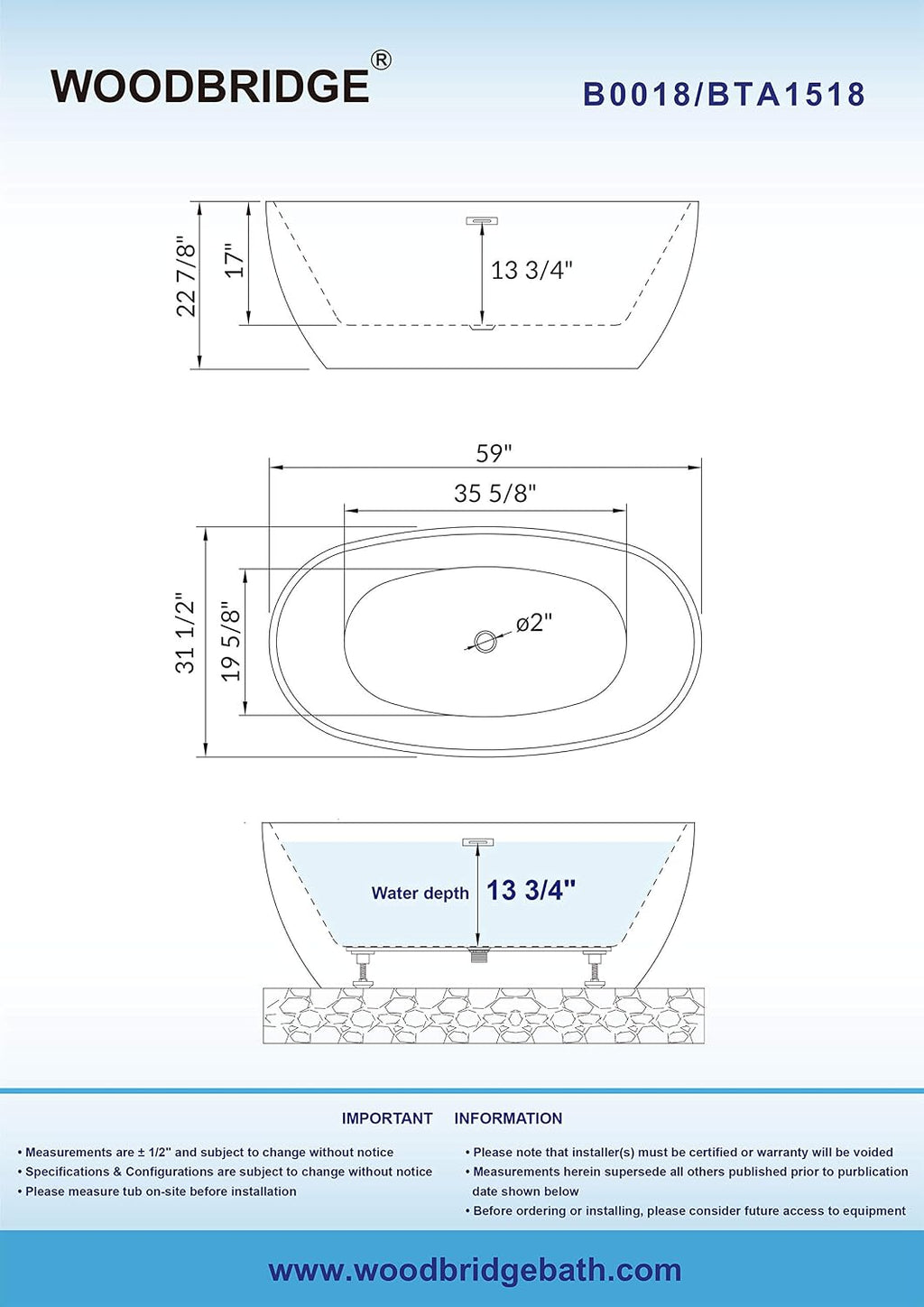 WOODBRIDGE 59'Freestanding White Acylic Soaking Bathtub with Brushed Gold Drain and Overflow,BTA1518 -BG-Drain &O