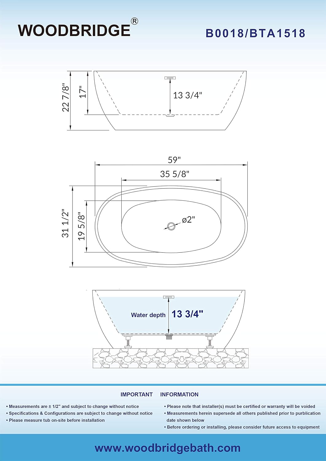 WOODBRIDGE 59'Freestanding White Acylic Soaking Bathtub with Brushed Gold Drain and Overflow,BTA1518 -BG-Drain &O
