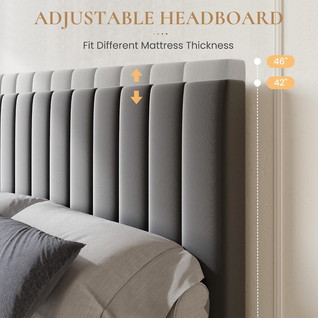 SHA CERLIN Queen Size Platform Bed Frame with 4 Storage Drawers, Vertical Channel Tufted Adjustable Headboard, Velvet Upholstered, Wooden Slats Support, No Box Spring Needed, Easy Assembly, Grey