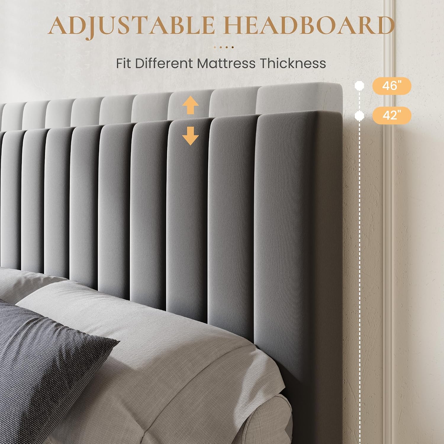 SHA CERLIN Queen Size Platform Bed Frame with 4 Storage Drawers, Vertical Channel Tufted Adjustable Headboard, Velvet Upholstered, Wooden Slats Support, No Box Spring Needed, Easy Assembly, Grey