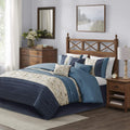 Madison Park Serene Faux Silk Comforter Set - Floral Embroidery Design, All Season Bedding Set, Matching Bed Skirt, Decorative Pillows, Navy Cal King(104'x92') 7 Piece