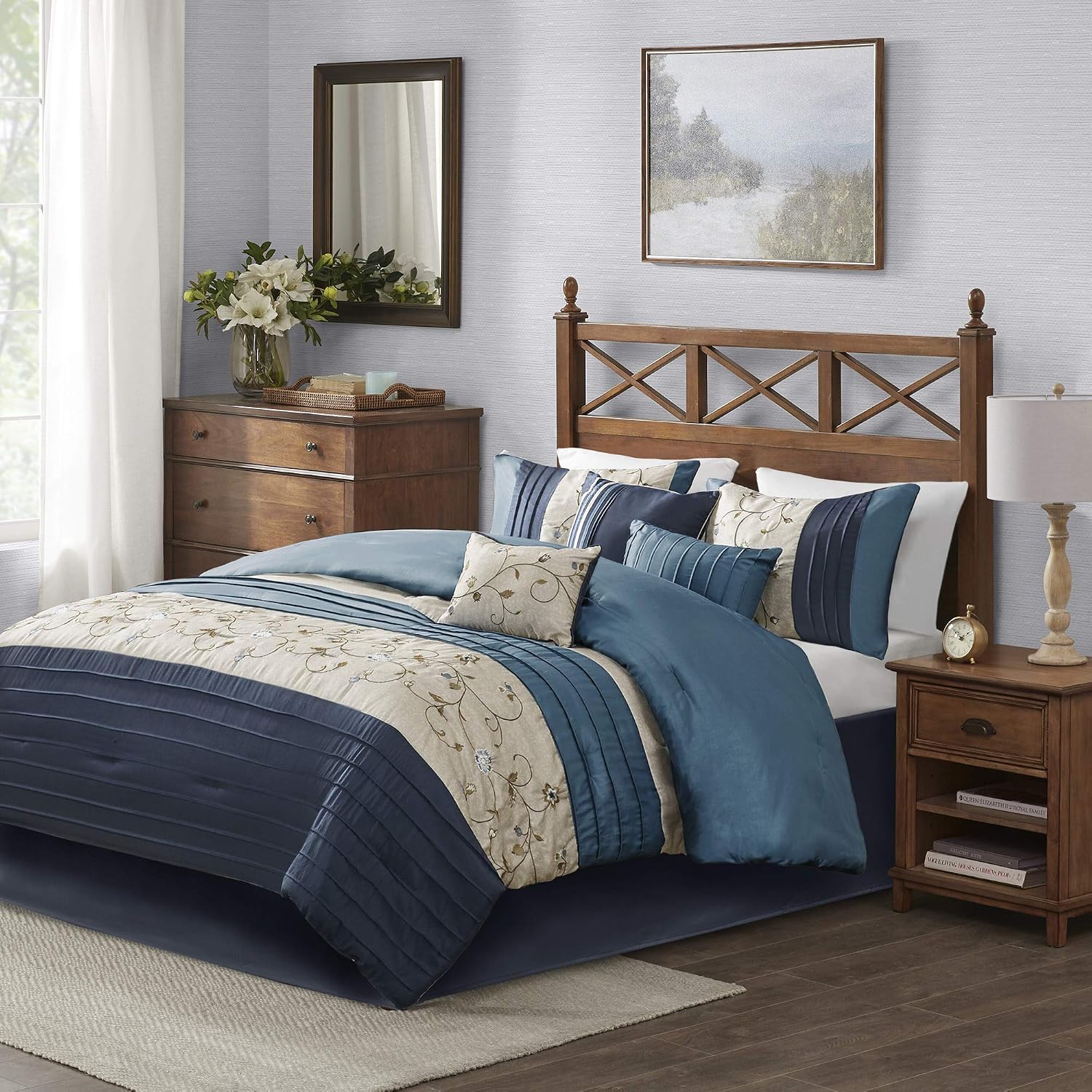 Madison Park Serene Faux Silk Comforter Set - Floral Embroidery Design, All Season Bedding Set, Matching Bed Skirt, Decorative Pillows, Navy Cal King(104'x92') 7 Piece
