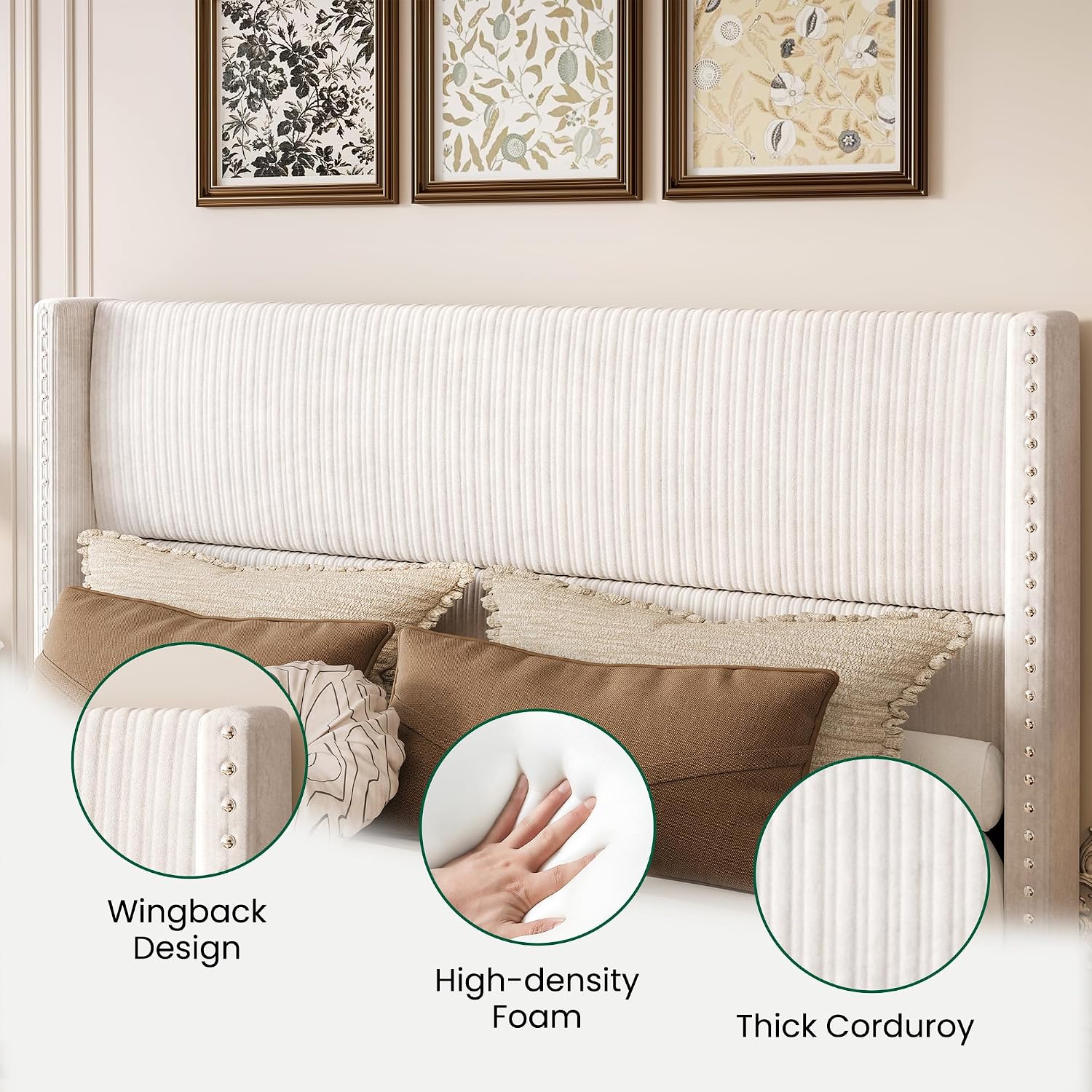LARMACE Queen Bed Frame with 4 Storage Drawers,Upholstered Bed Frame Queen Size with Headboard Corduroy Platform Bed Frame with Vertical Stripe,Solid Wood Leg/No Box Spring Needed/Noise Free,White