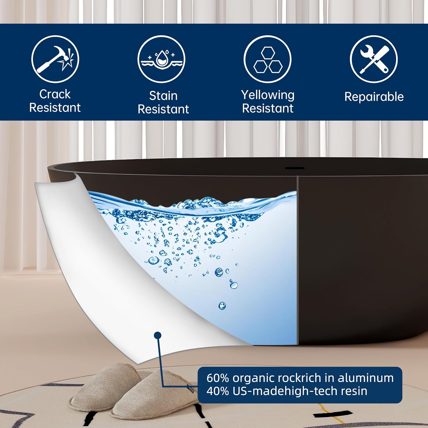65' Stone Resin Freestanding Bathtub, Oval Solid Surface Bathroom Freestanding Tubs,Stand Alone Soaking Tub with Drain & Integrated Slotted Overflow Matte black
