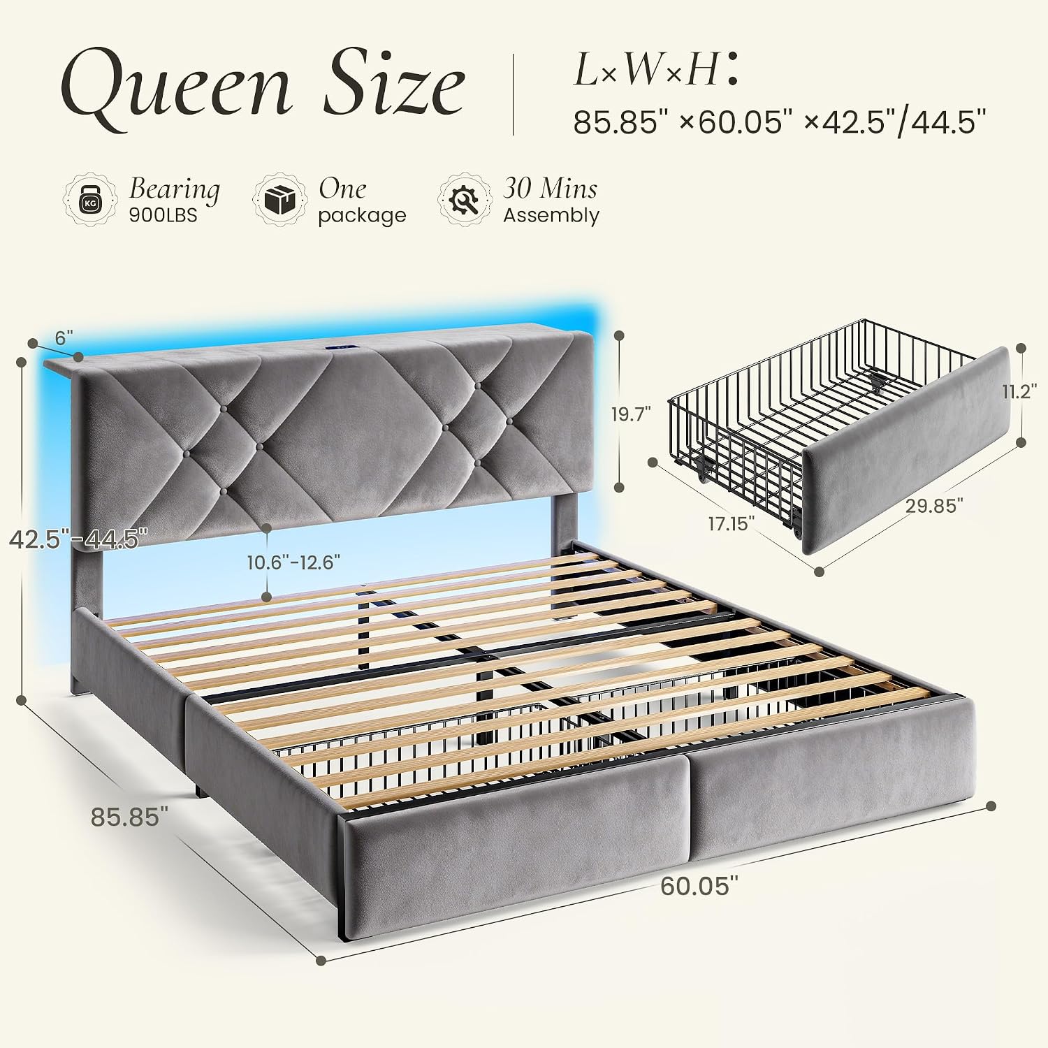 EnHomee Queen Size Platform Bed Frame with Adjustable Headboard and LED Lights, Button Tufted Velvet Headboard with Charging Station, No Box Spring Needed,Easy Assembly，Grey