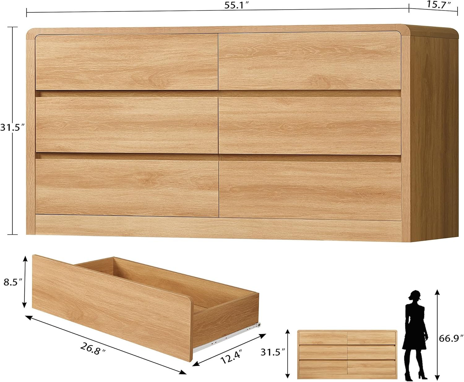 TEENFON 55' Dresser for Bedroom with 6 Drawers, Dressers & Chests of Drawers with Curved Profile Design, 6 Drawer Dresser, Bedroom Dressers, Wood Dressers for Bedroom, Hallway, Natural