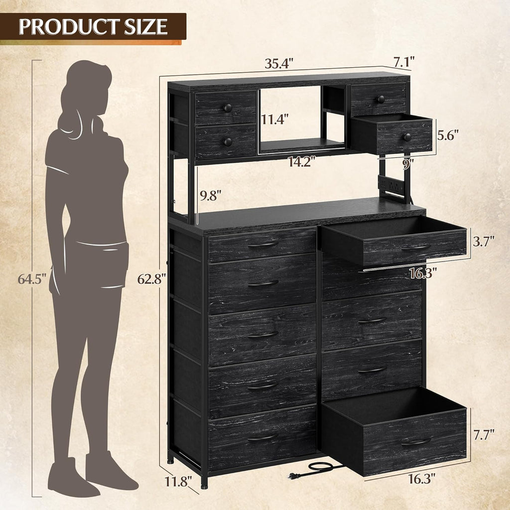EnHomee Black Dresser with Multiple Fabric Drawers, Dresser for Bedroom with Charging Station and LED Lights,Dressers & Chests of Drawers for Bedroom, Steel Frame & Wooden Top, Entryway