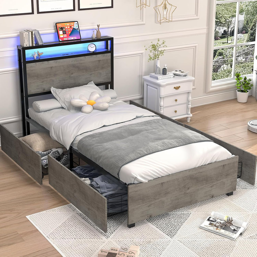 Kiivakii Twin Size Bed Frame with 4 Drawers, LED Platform Bed with Storage Headboard, Built in Charging Station, Noise-Free, Metal Support Base, No Box Spring Needed, Gray