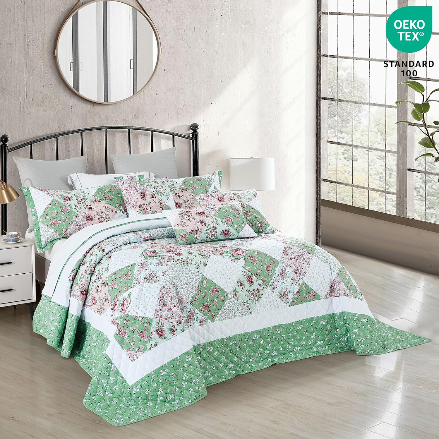 DaisyHuang Oversized King Bedspread 138x120 Extra Wide, Farmhouse Patchwork Floral Quilt Bedding Cover, Reversible, 6 Piece, 100% Microfiber, California/Alaskan King, Rose