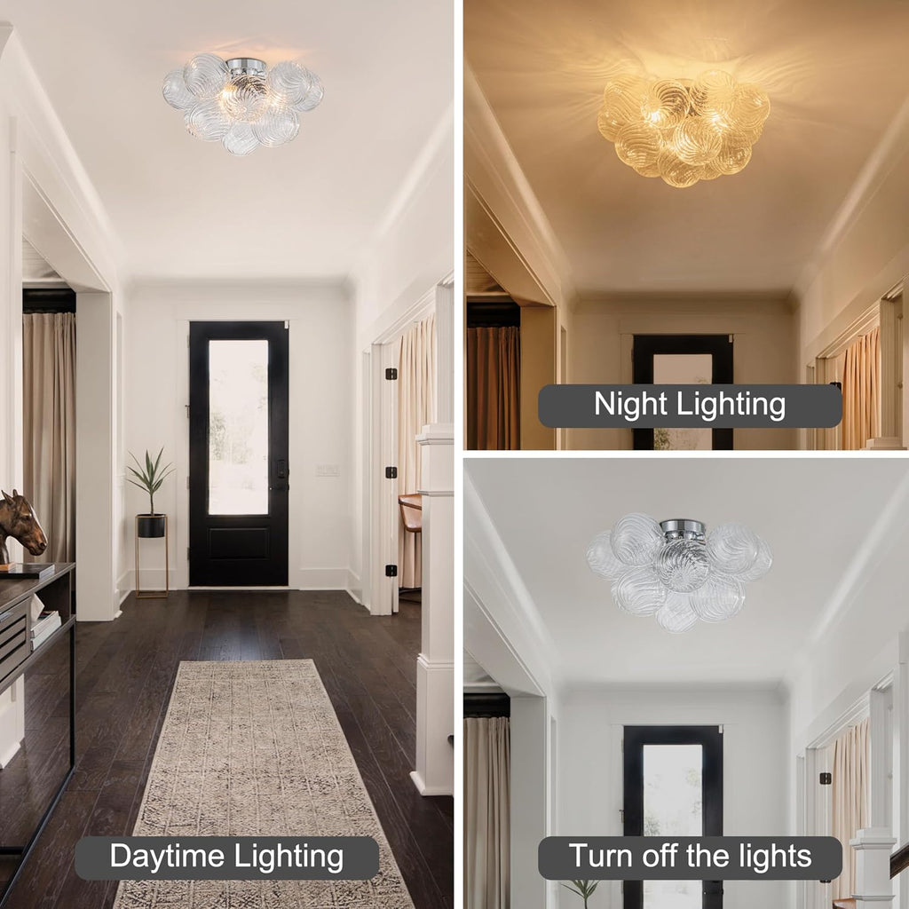 GoYeel Modern Chandelier Close to Ceiling Light Fixture 3 Light Contemporary Mid Century Glass Chandelier 18.5' with 13 Clear Swirled Globe Foyer Bedroom Living Room