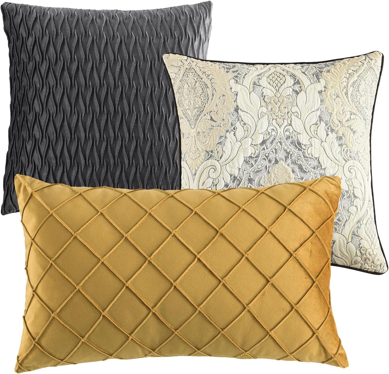 Finlonte Queen Size Comforter Set, Gray Gold, 7 Piece Bed in a Bag All Seasons, Luxury Vintage Floral Jacquard Patchwork Grey Stripe, Silky Soft Bedding Sets with Bed Skirt, Shams and Decor Pillows