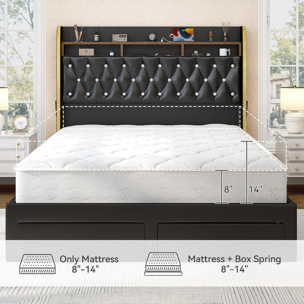 Torana King LED Bed Frame with 2 Drawers, 53' Tall Platform Beds with Galaxy Star Projector Charging Station, PU Upholstered Diamond Tufted Aurora Bedframe with Storage Headboard, Black