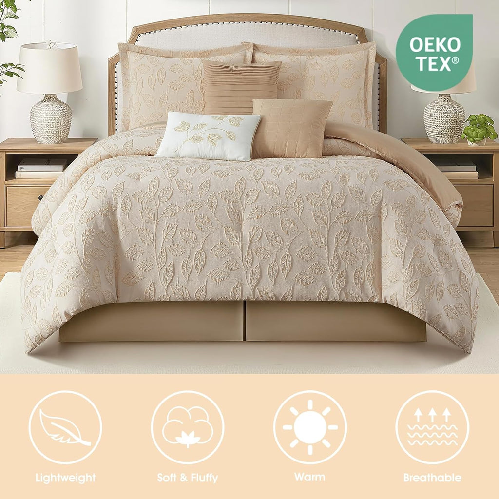 LANCO MODERN LIFESTYLE 7 Pieces Beige Gold Comforter Set, Queen Size, Jacquard with Matching Solid Microfiber Piecework, 3D Leaves Texture Design, Includes Bed Skirt, Shams, and Decorative Pillows
